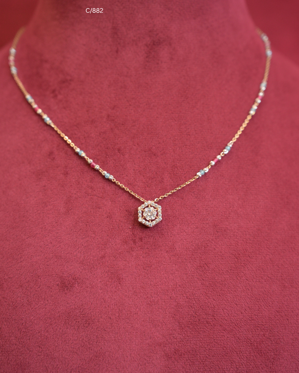 Gold Light Blue & Pearl Beaded Station Necklace with Hexagonal Pave CZ Halo Pendant | SKU: C/882