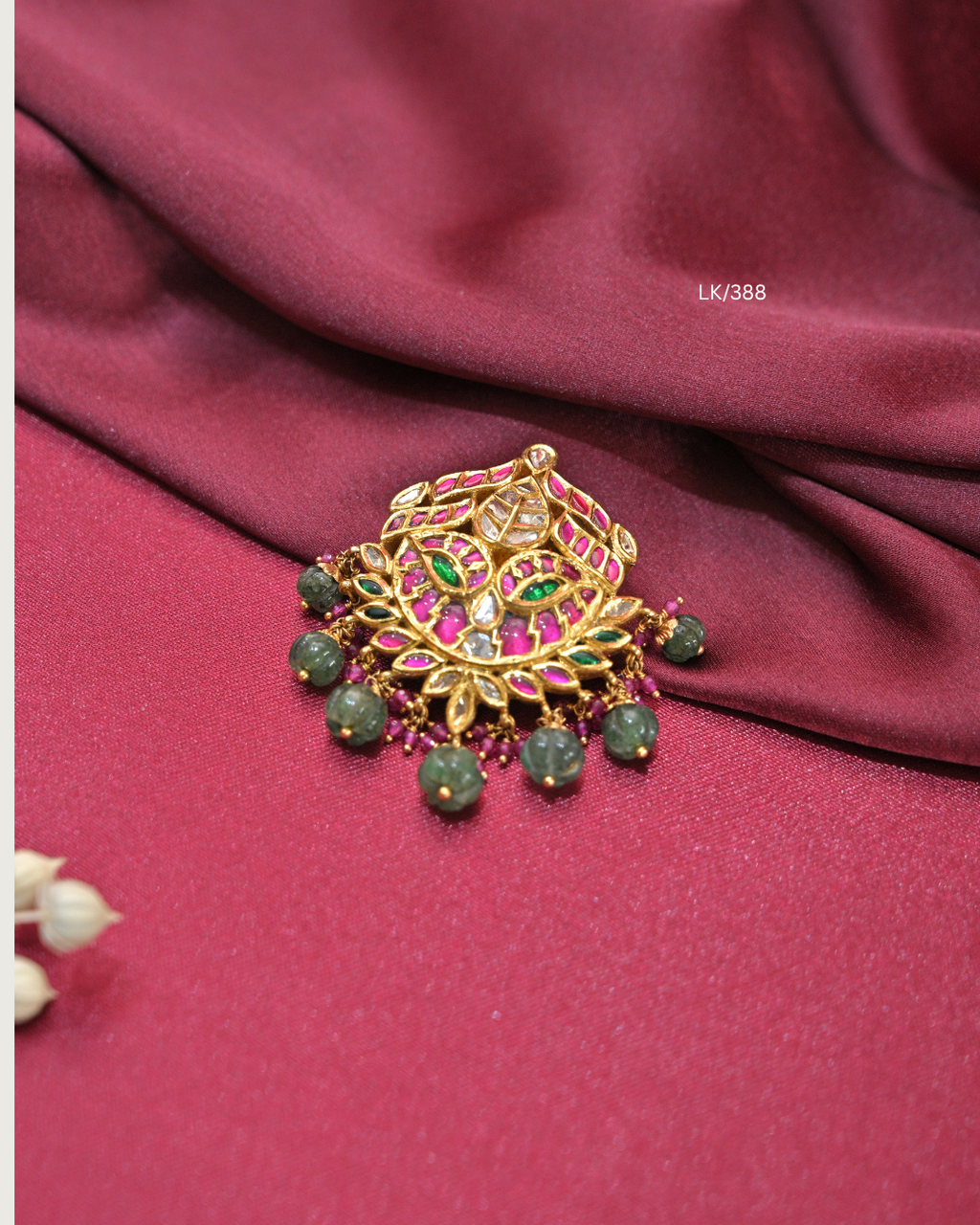Antique Floral Kundan Medallion Pendant with Carved Emerald Drops |SKU: LK/388
