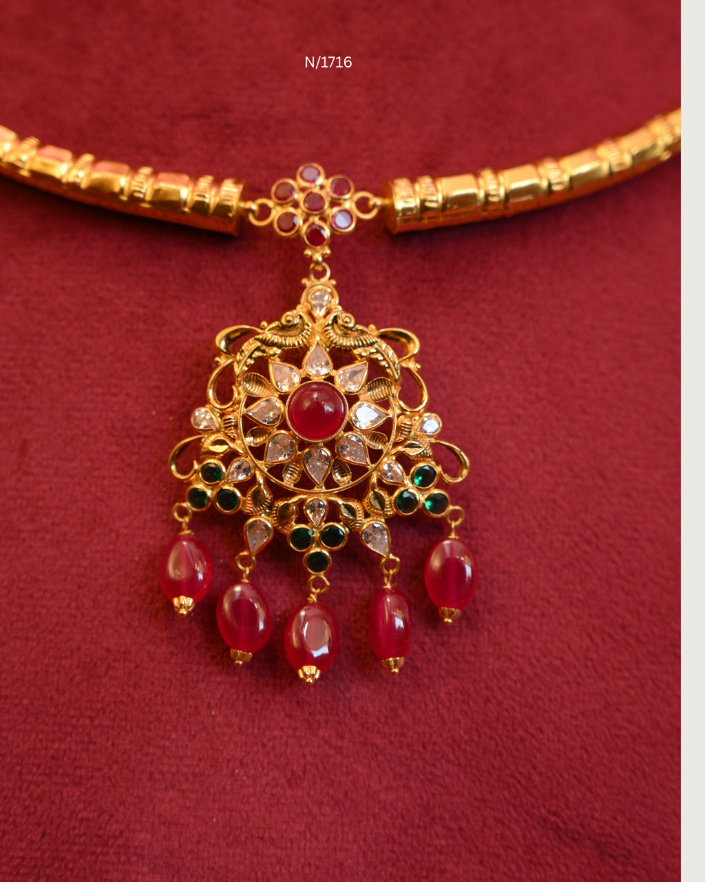 Floral Openwork Pendant Tubular Hasli Necklace with Ruby, Emerald & Ruby Bead Drops | SKU: N/1716