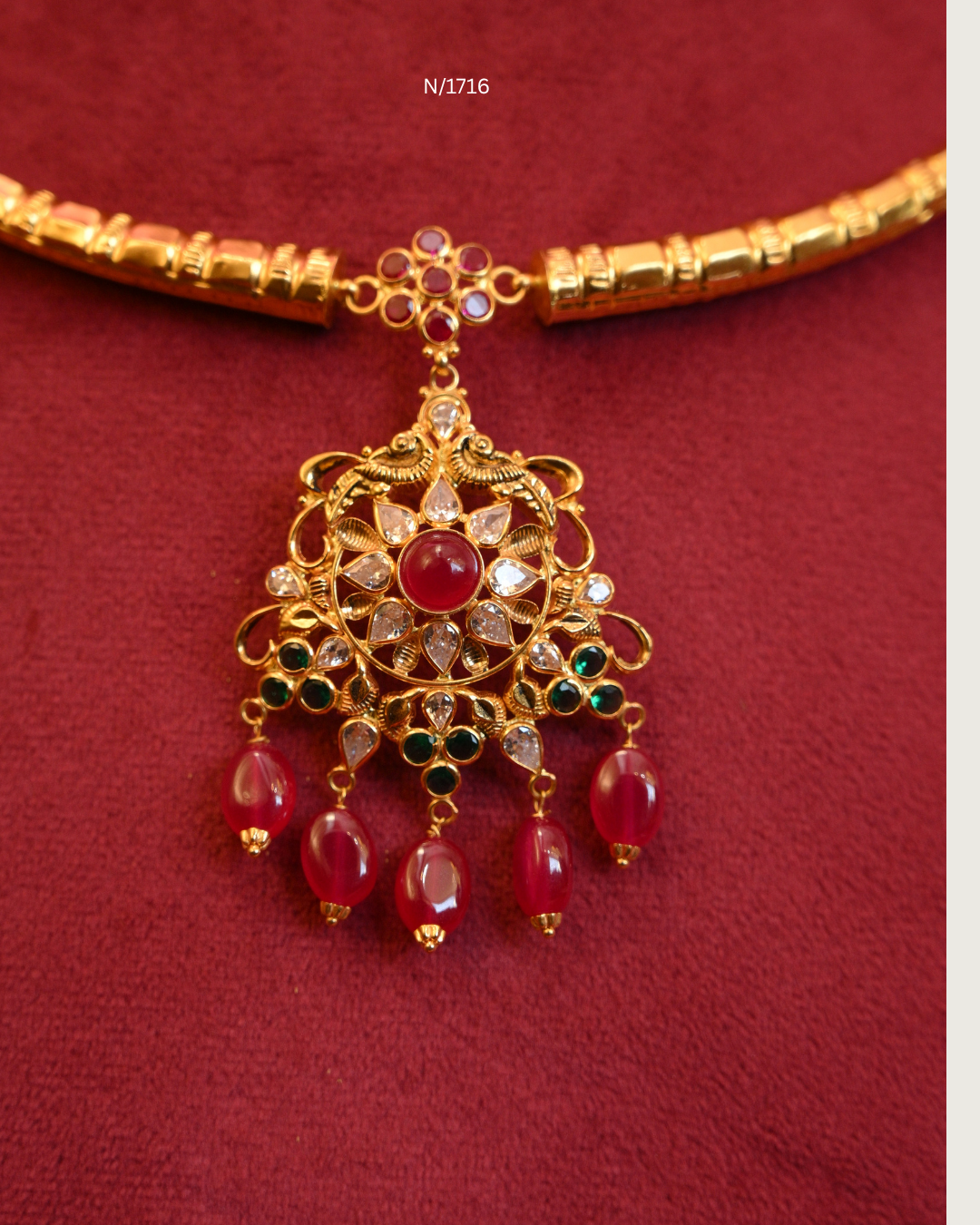 Floral Openwork Pendant Tubular Hasli Necklace with Ruby, Emerald & Ruby Bead Drops | SKU: N/1716