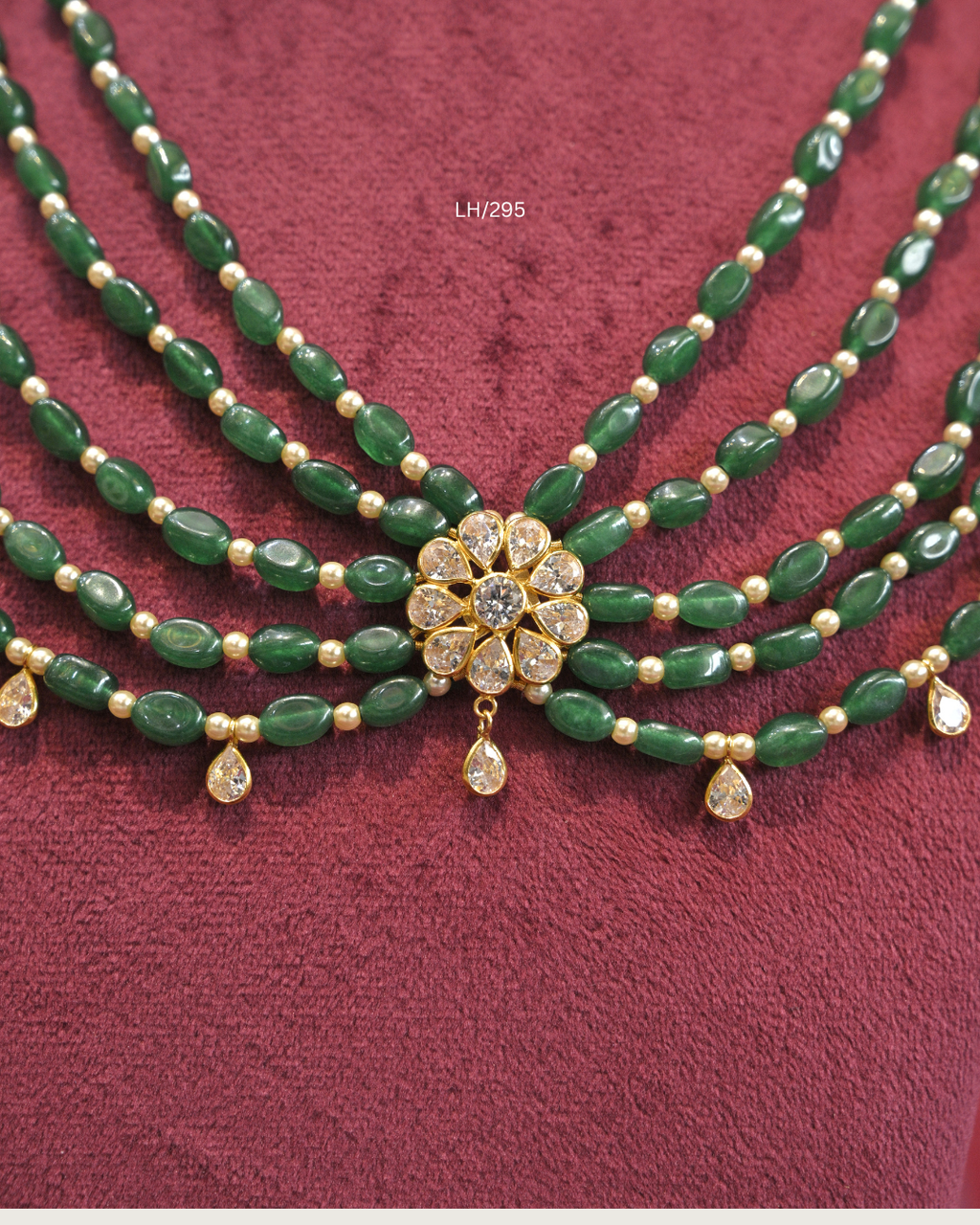 Floral CZ Motif Five-Strand Emerald Oval Bead Layered Haram | SKU: LH/295