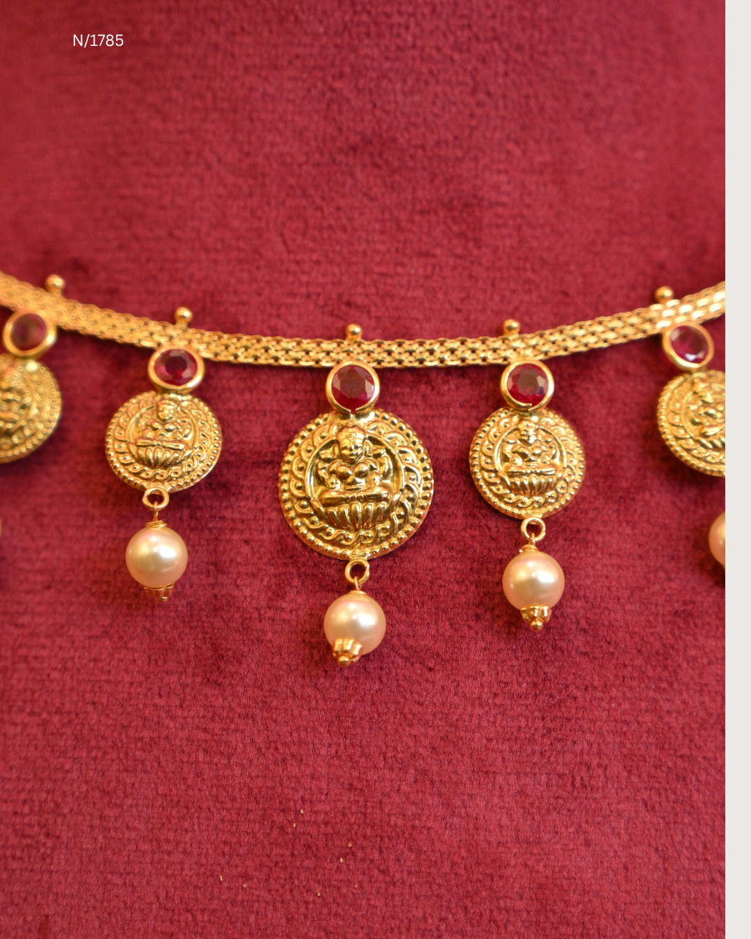 Goddess Lakshmi Kasu (Coin) Station Choker Necklace with Rubies & Pearl Drops | SKU: N/1785