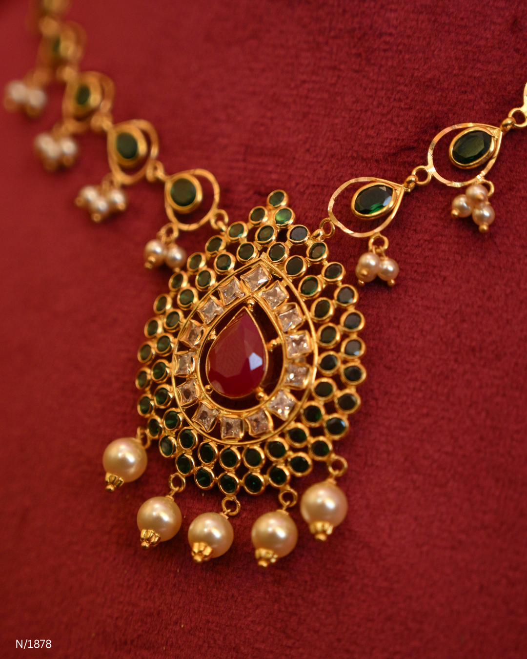 Emerald Cabochon Station Necklace with Teardrop Ruby & CZ Medallion | SKU: N/1878