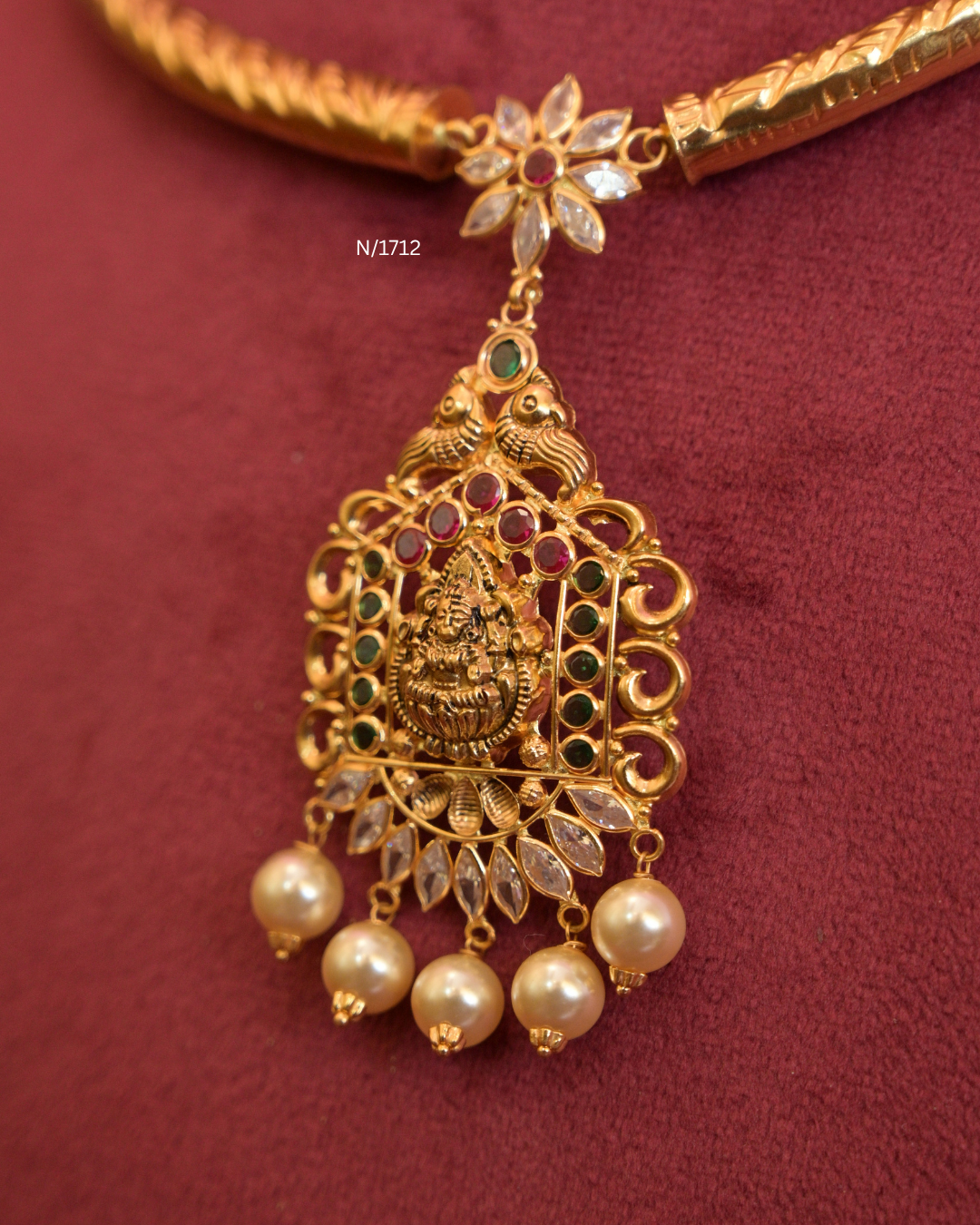 Goddess Lakshmi & Peacock Nakshi Pendant Tubular Hasli  with Ruby, Emerald, CZ & Pearl Drops | SKU: N/1712