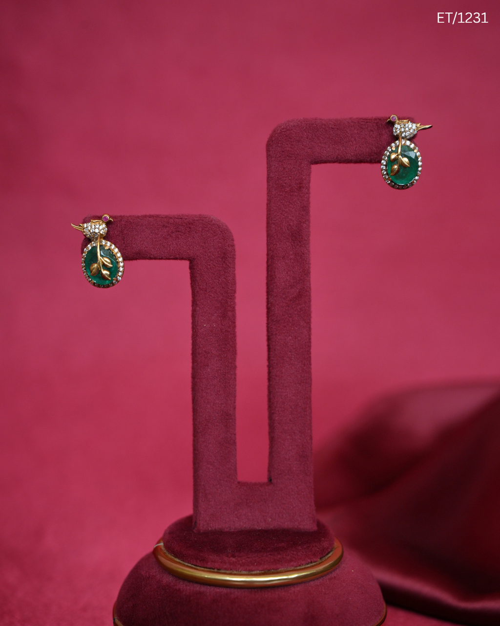 Polki Emerald Green & Bird Motif Stud Earrings | SKU: ET/1231