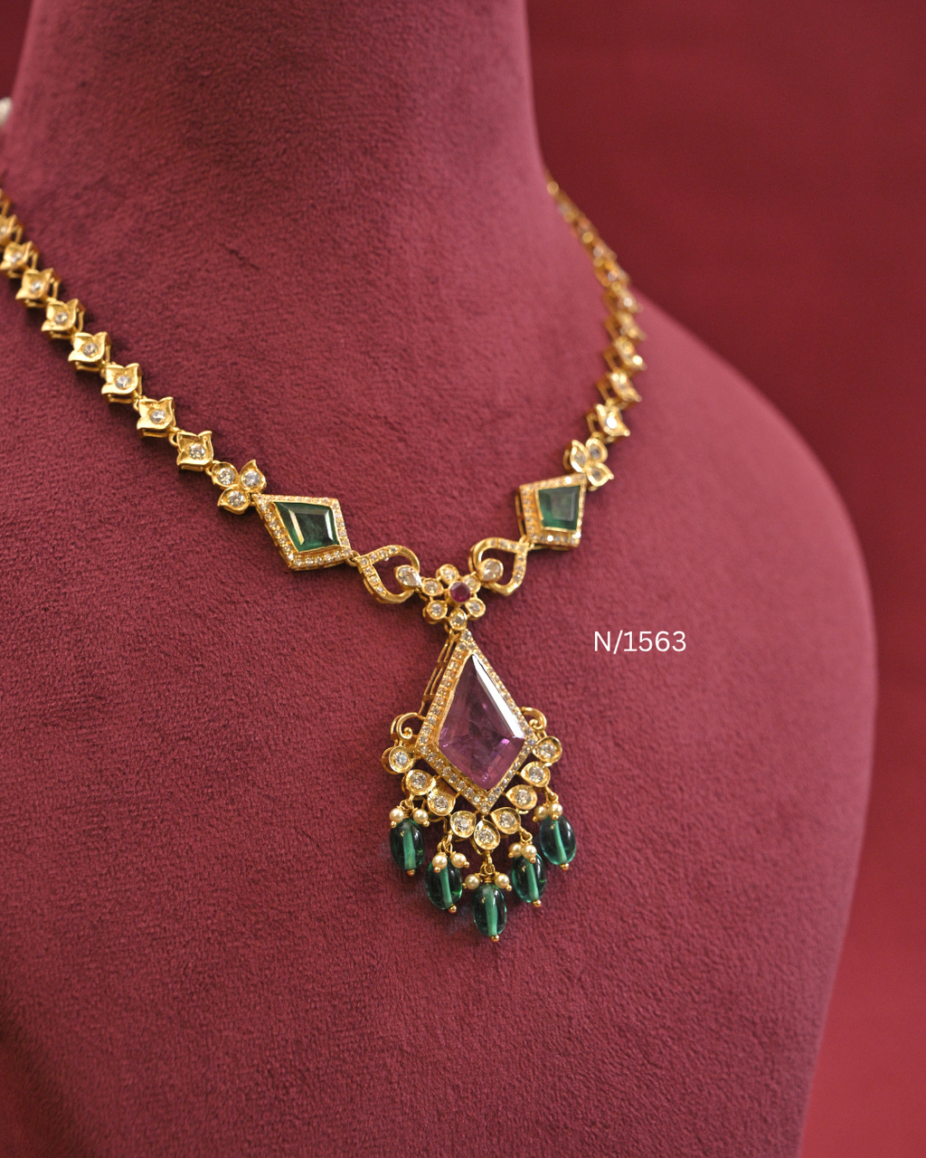 22kt Gold Geometric Rhombus Emerald & Cambodia Ruby Necklace | 16.52g Net | SKU: N/1563