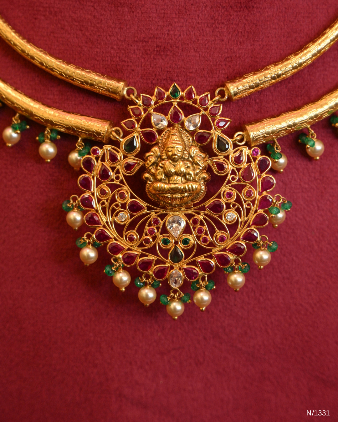 Lakshmi Temple Motif Kanti with Rubies, Emeralds & Pearl Fringes | SKU: N/1331