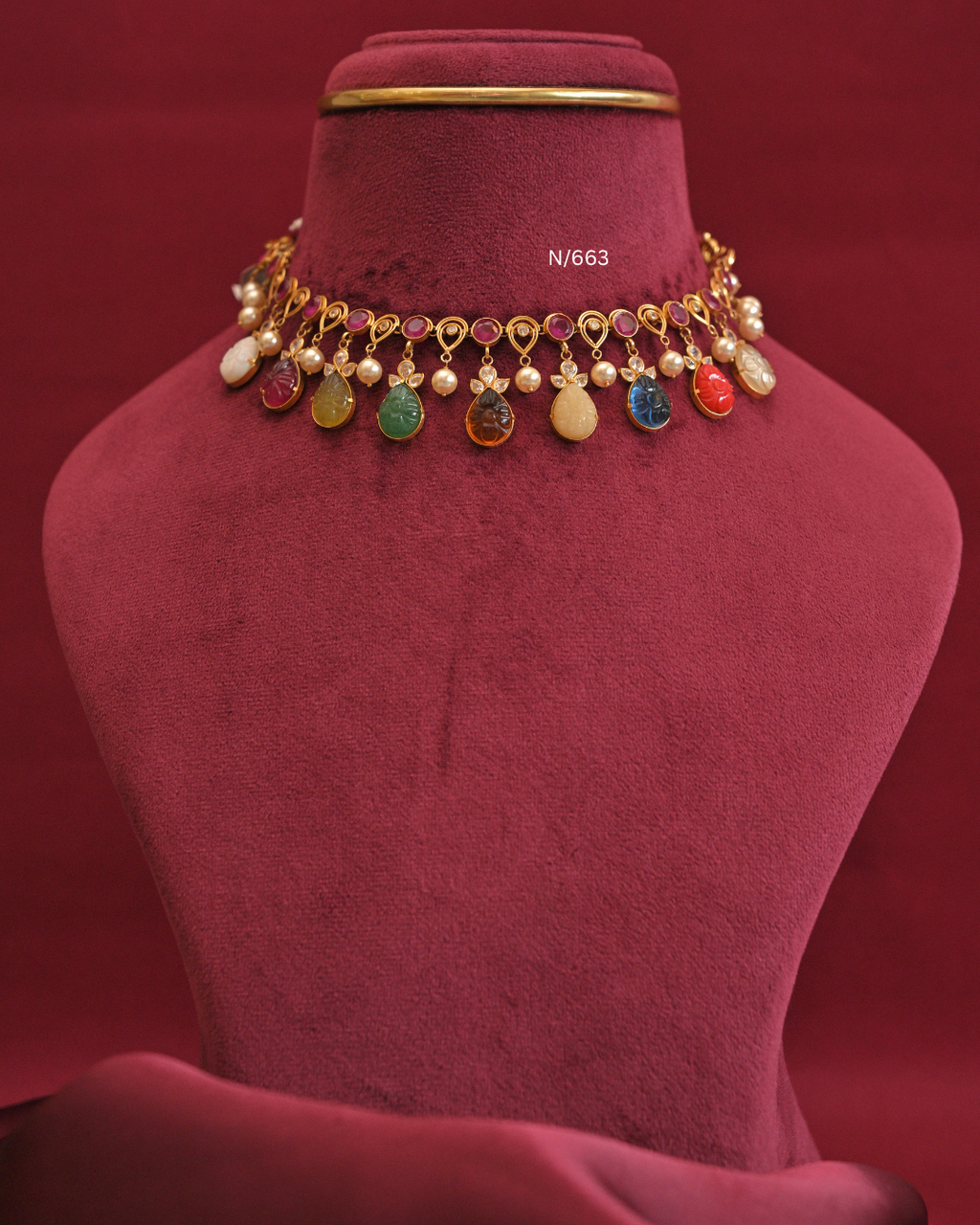 Ruby Line Necklace with Carved Teardrop Navratna Drops & Pearls |SKU: N/663