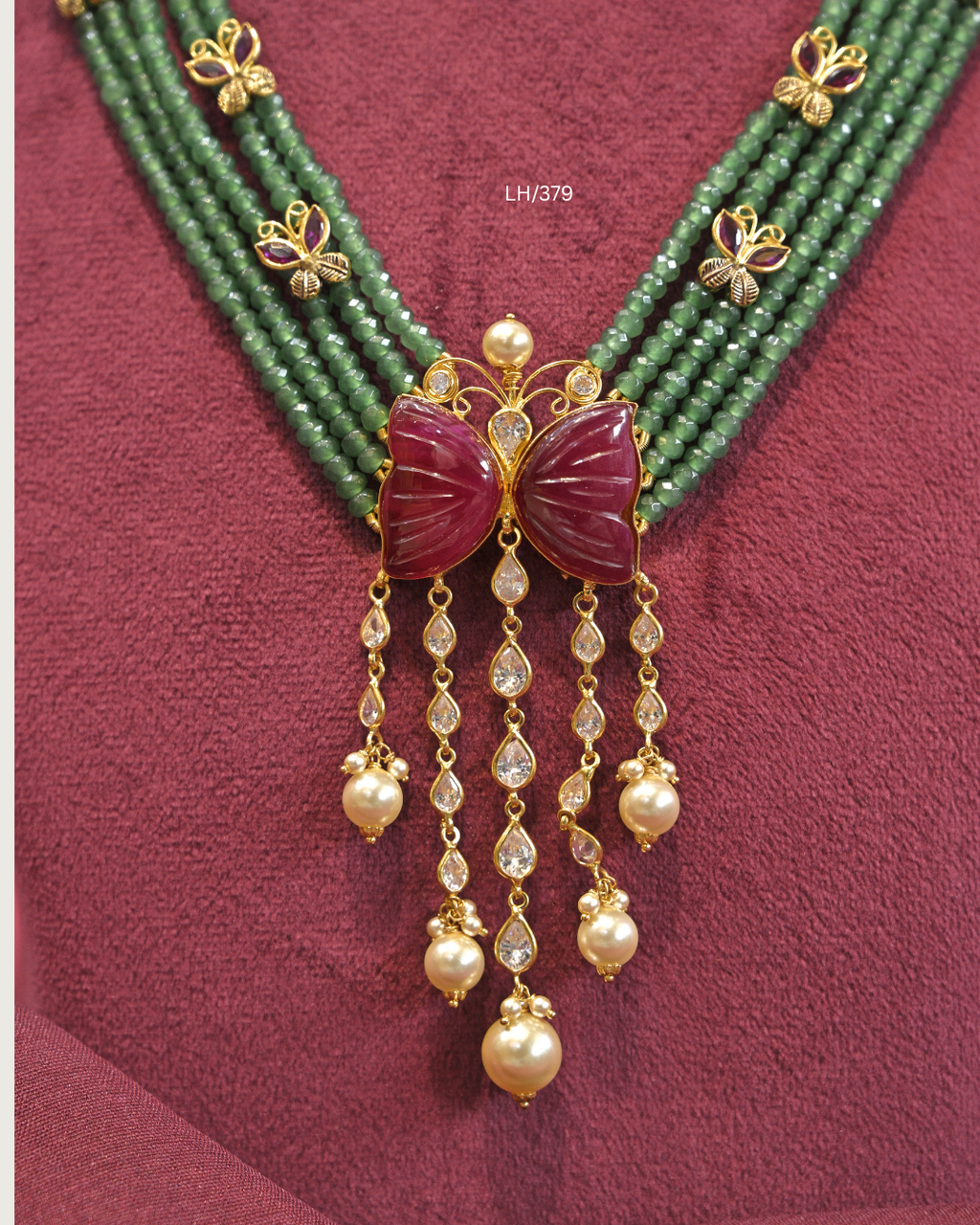 Carved Ruby Butterfly Pendant Five-Strand Emerald Bead Haram | SKU: LH/379