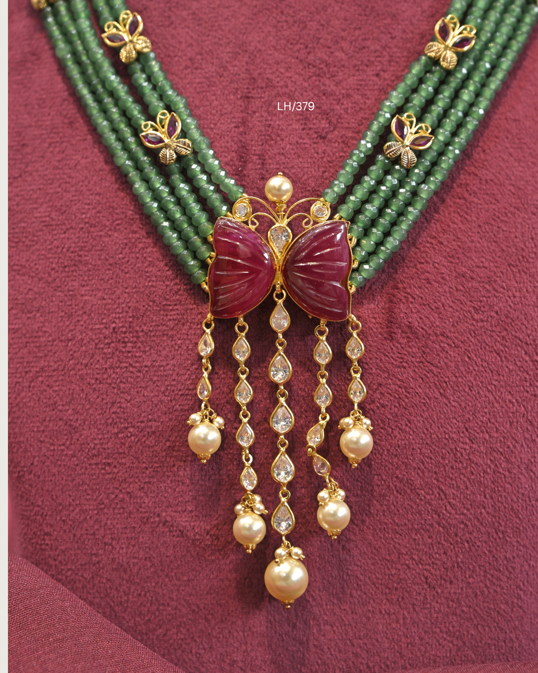 Carved Ruby Butterfly Pendant Five-Strand Emerald Bead Haram | SKU: LH/379