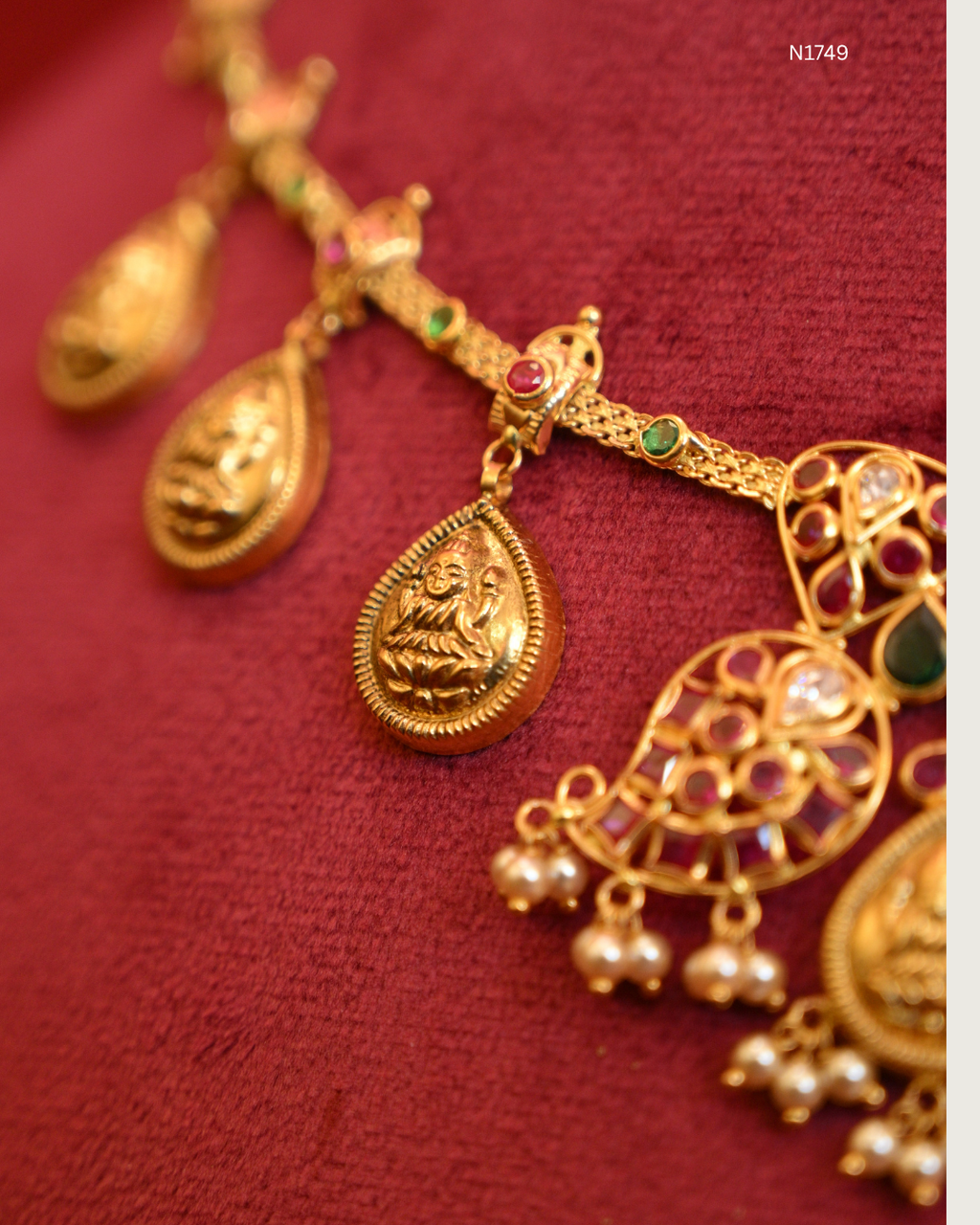 Twin Mango & Goddess Lakshmi Medallion Temple Station Choker Necklace with Rubies, Emeralds & Seed Pearl Drops | SKU: N/1749