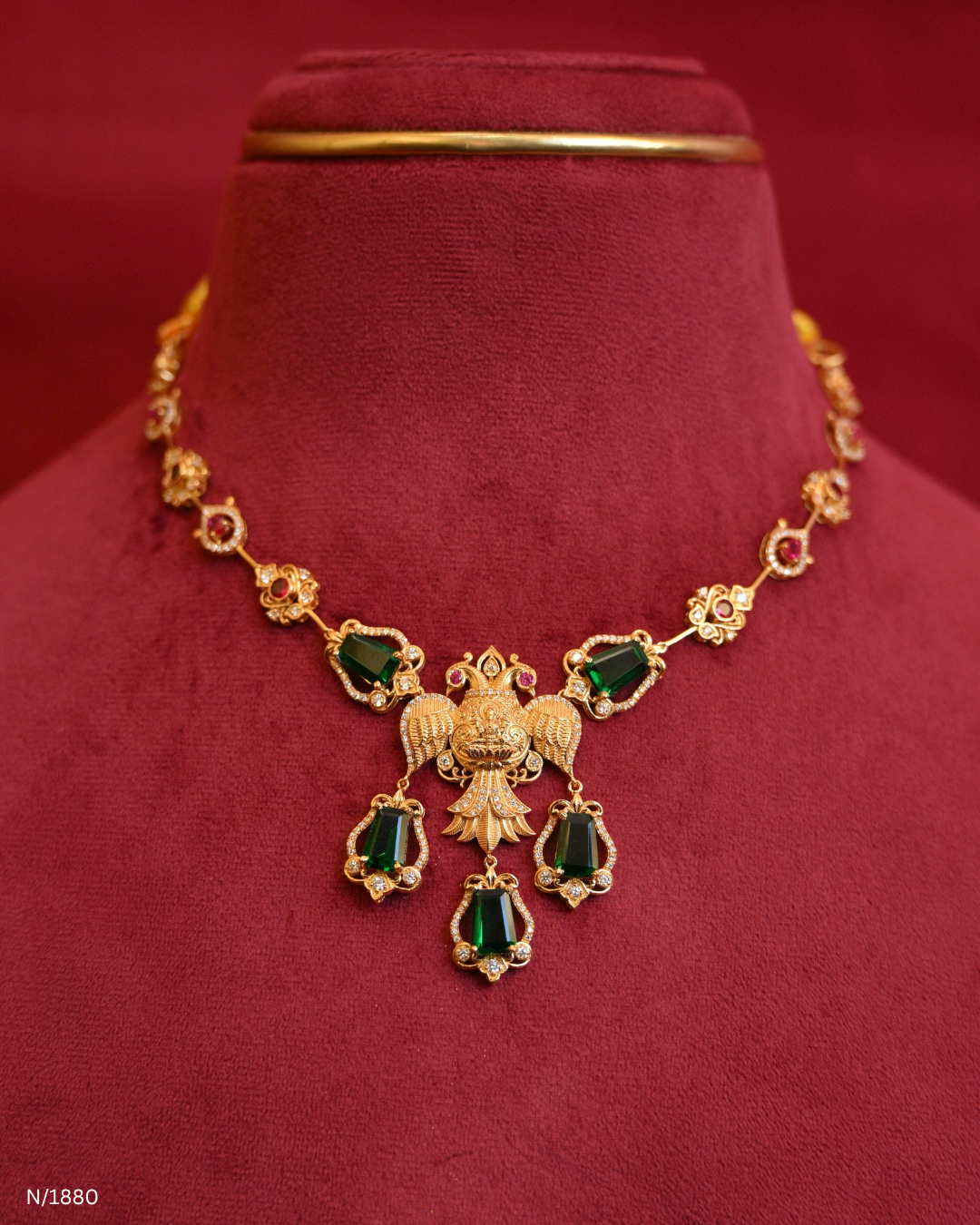 Traditional Winged Peacock Nakshi & Green Emerald Gemstone Temple Necklace | SKU: N/1880