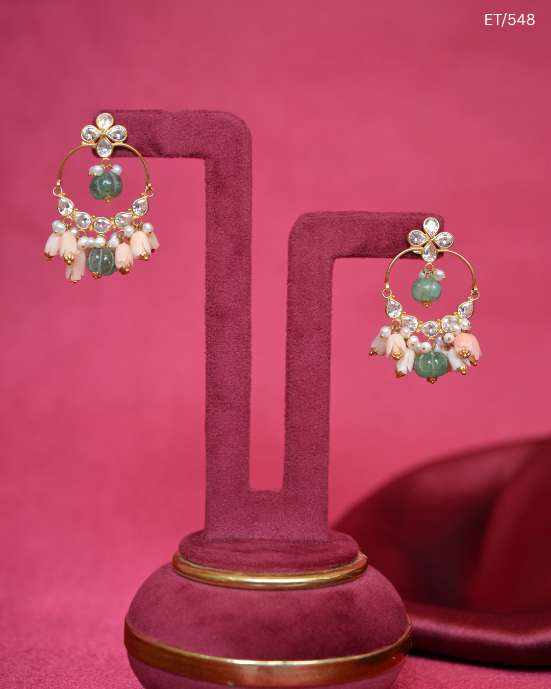 Polki Mint Bead & Pastel Floral Drop Earrings | SKU: ET/548
