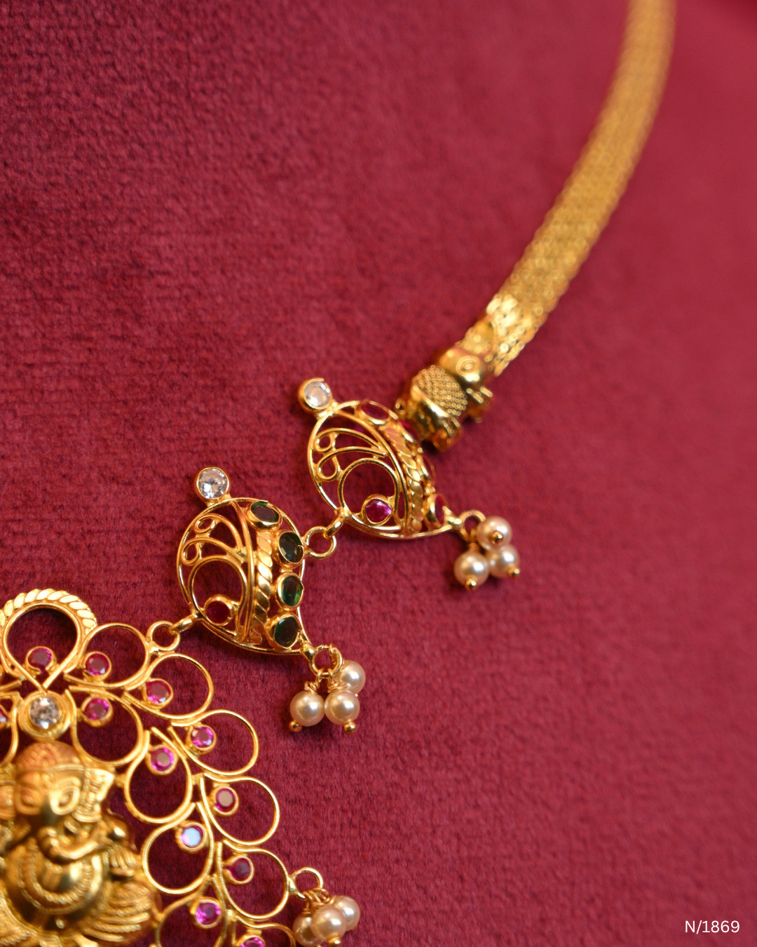 Lord Ganesha Openwork Temple Necklace with Ruby Accents & Seed Pearl Drops | SKU: N/1869