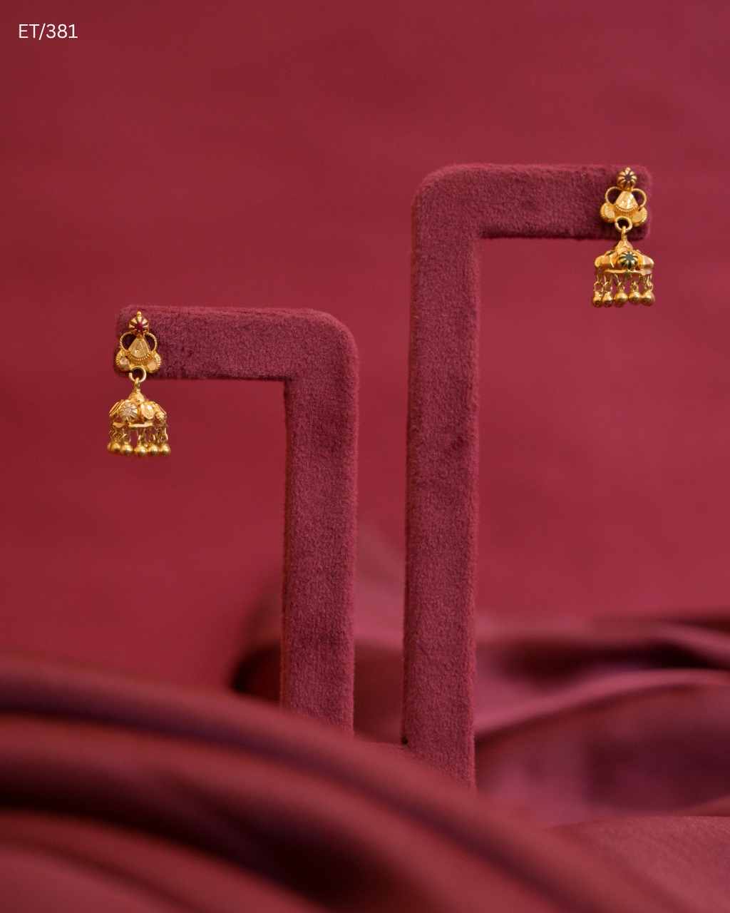 Miniature Temple Jhumka Earrings with Polki, Ruby & Gold Bead Fringes | SKU: ET/381