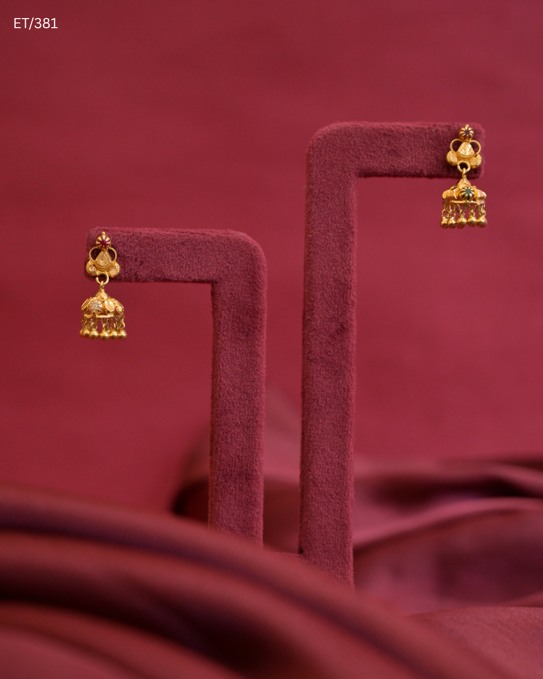 Miniature Temple Jhumka Earrings with Polki, Ruby & Gold Bead Fringes | SKU: ET/381