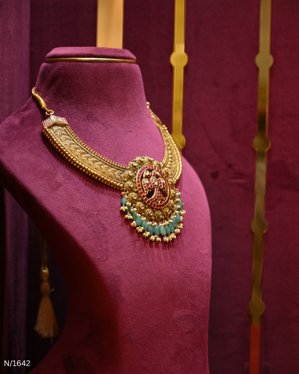 Antique Gold Temple Double-Peacock Nakshi & Green Bead Necklace | SKU: N/1642