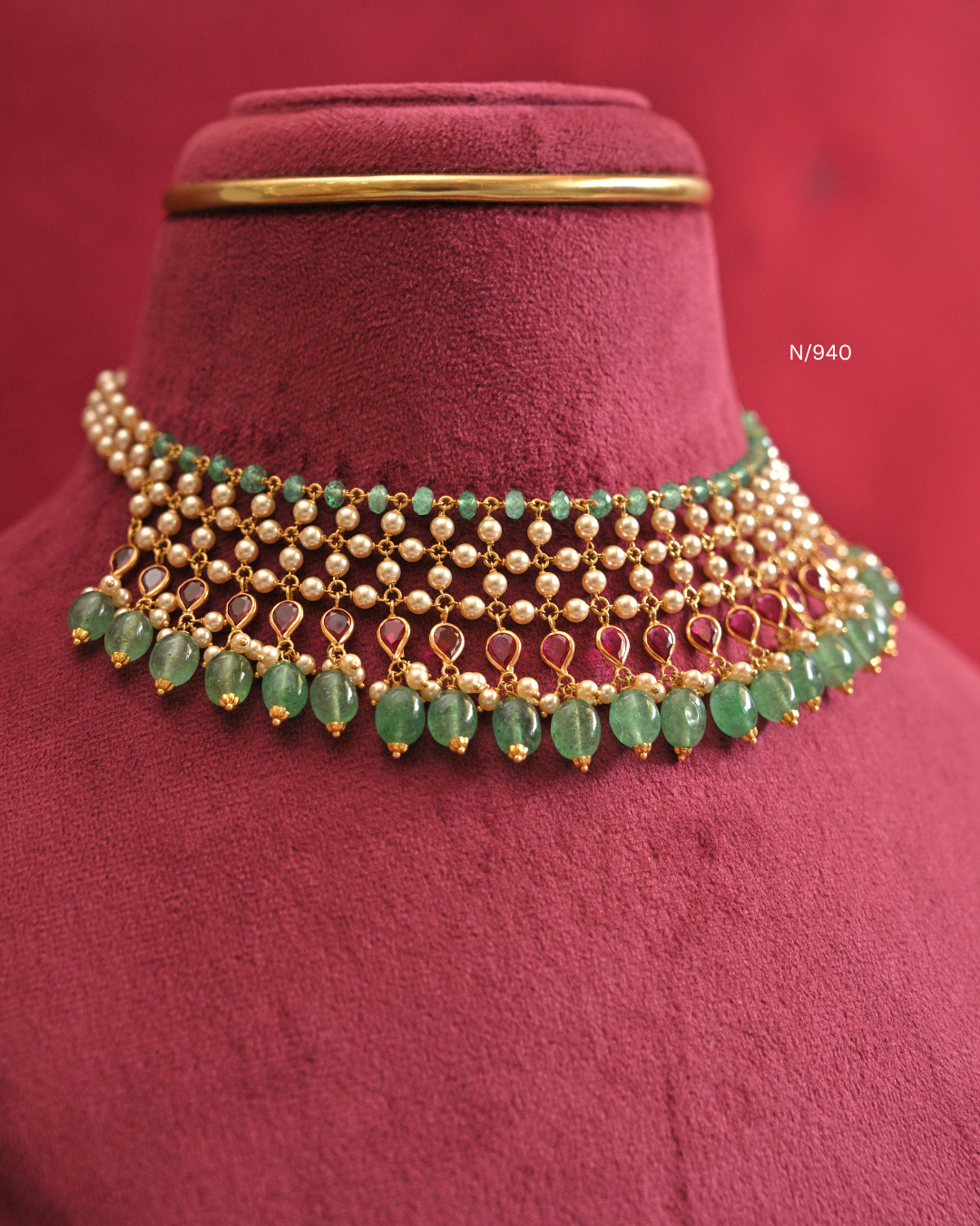 Pearl Mesh & Teardrop Ruby Necklace with Emerald Bead Drops |SKU: N/940