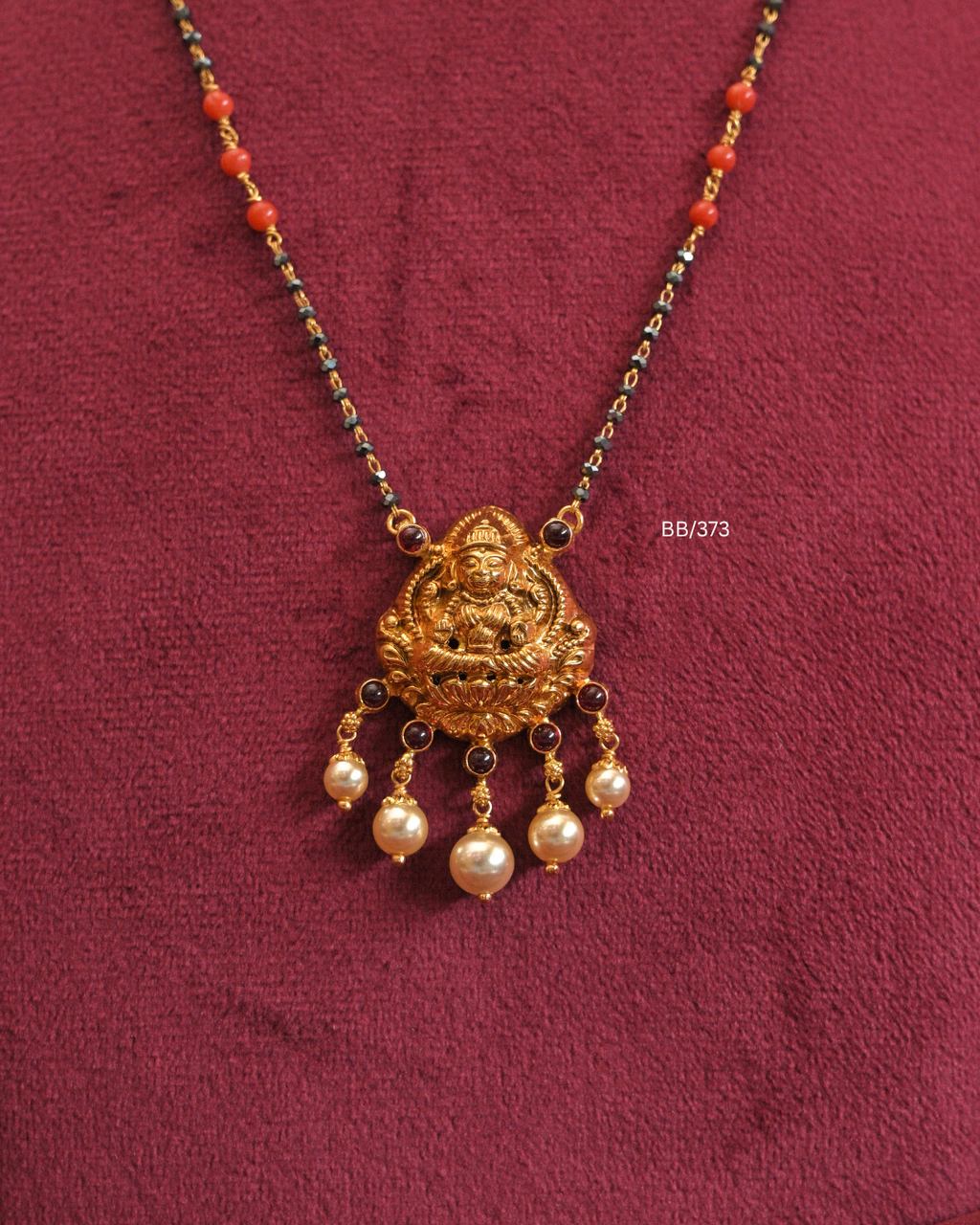 Goddess Lakshmi Temple Pendant Mangalsutra with Coral & Pearl Drops  SKU: BB/373