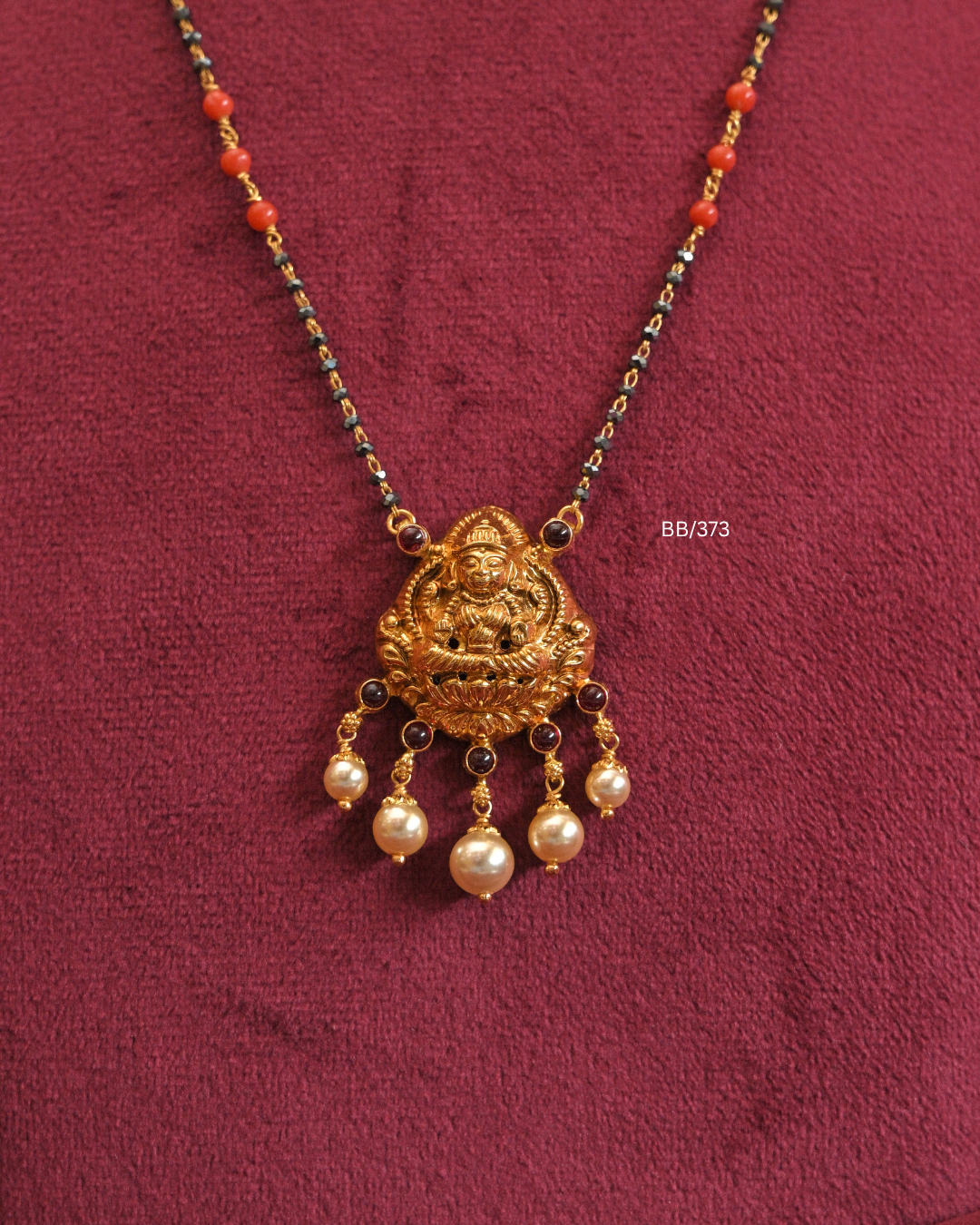 Goddess Lakshmi Temple Pendant Mangalsutra with Coral & Pearl Drops  SKU: BB/373