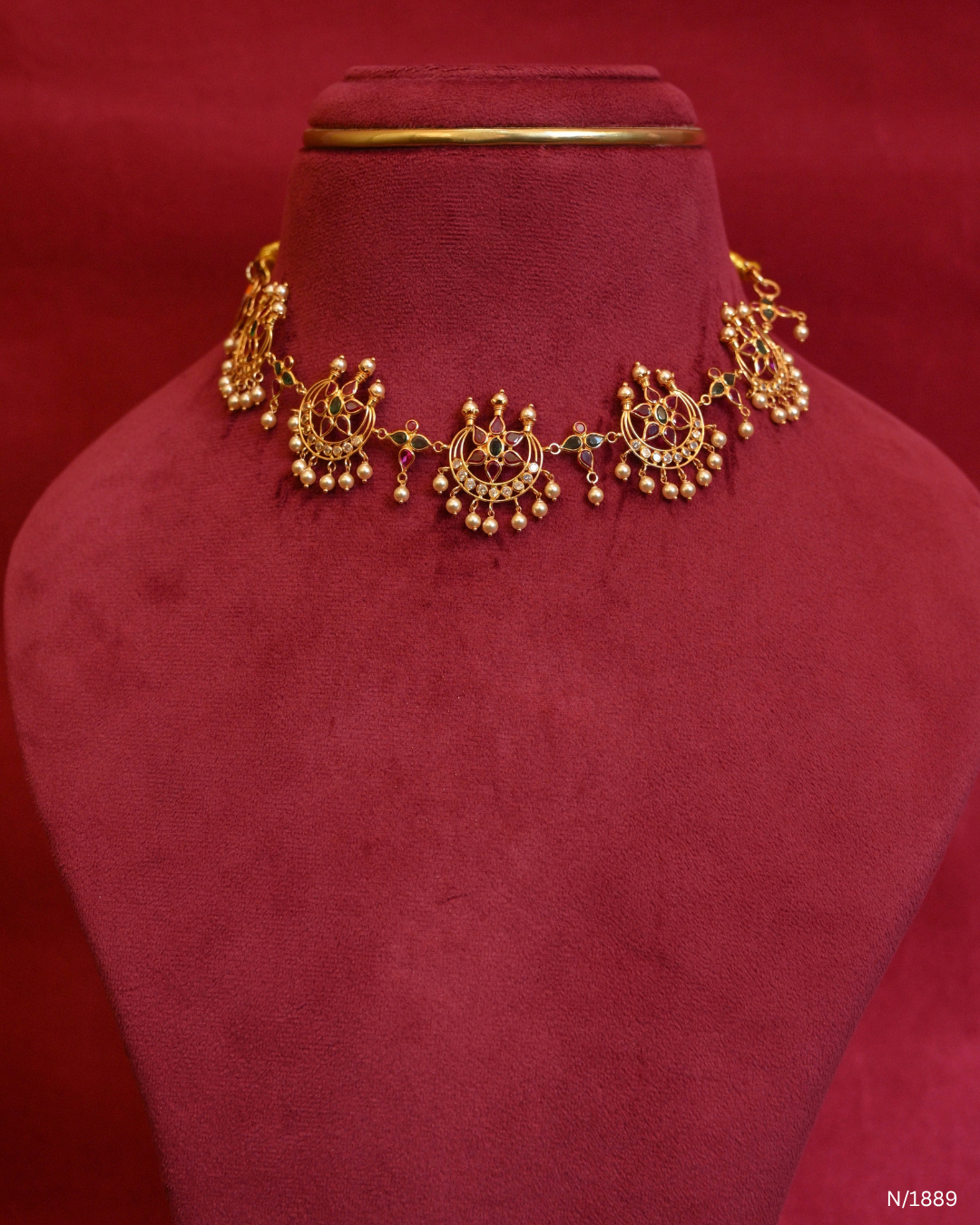Crescent Chandbali & Floral Cluster Station Choker Necklace | SKU: N/1889