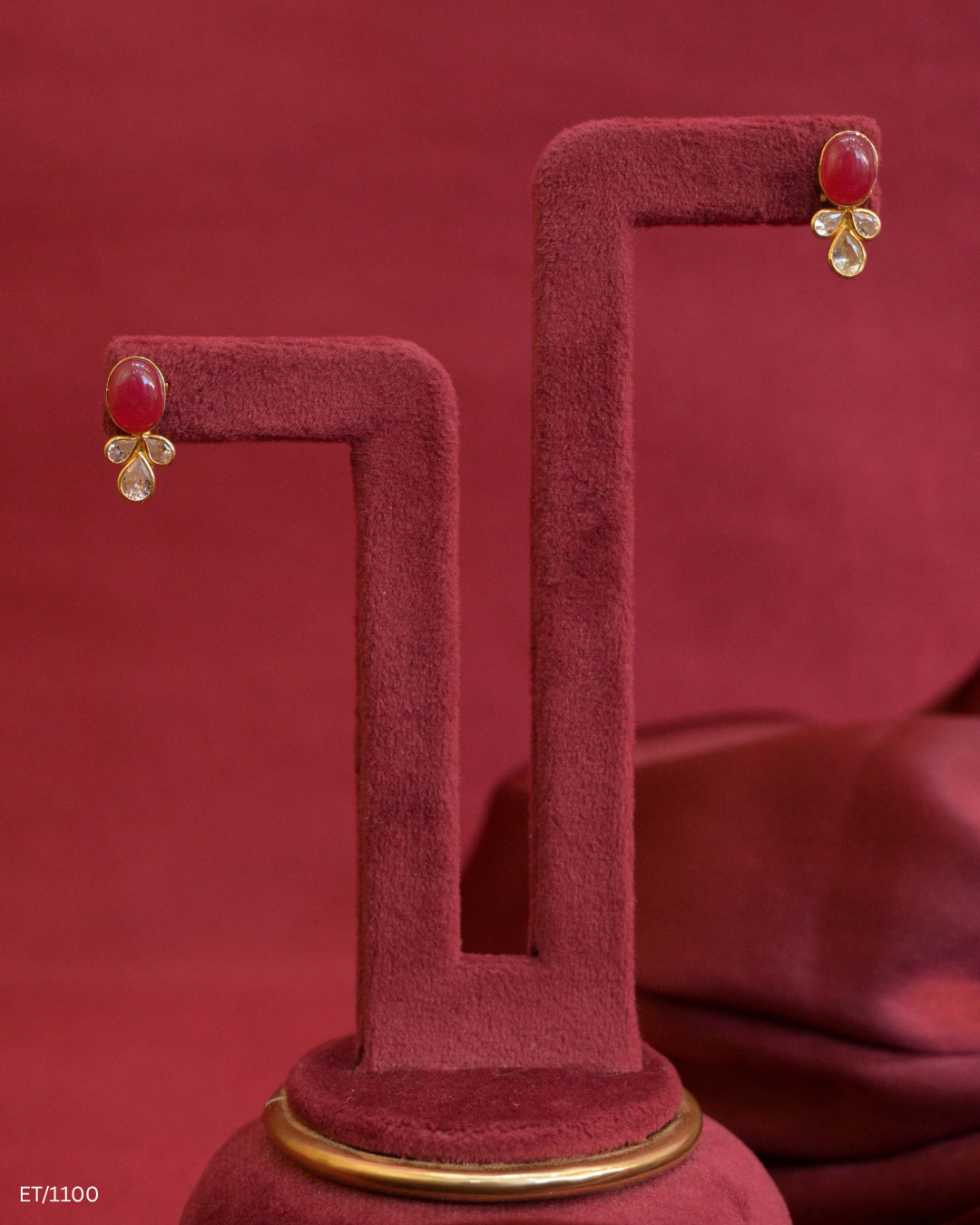 Ruby Cabochon & CZ Polki Cluster Stud Earrings | SKU: ET/1100