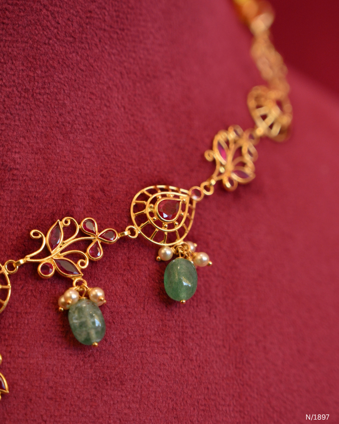Traditional Openwork Temple Necklace with Ruby Accents & Green Emerald Bead Drops | SKU: N/1897