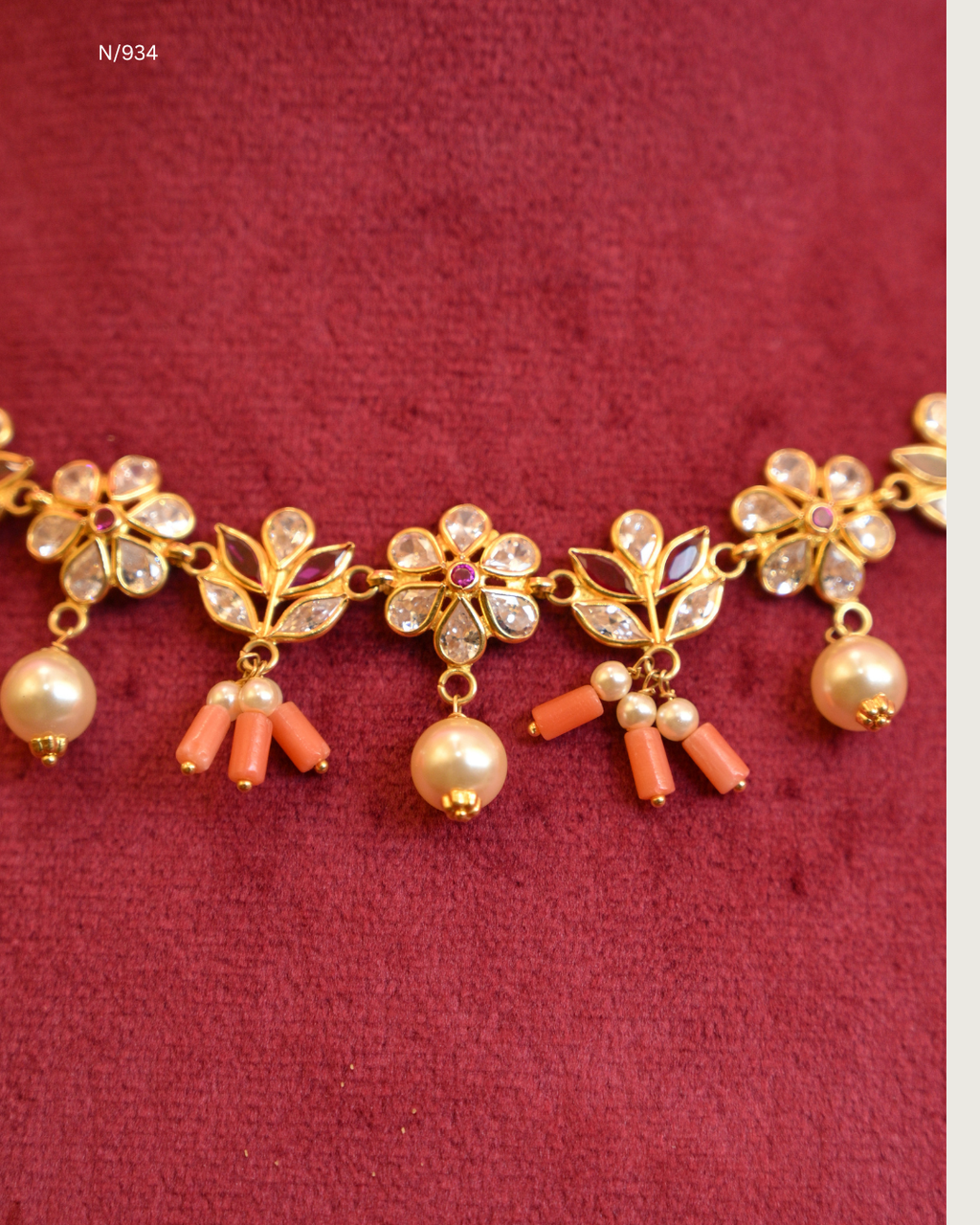 Floral CZ Polki Station Choker Necklace with Natural Red Coral (Pagadam) Clusters & Pearl Drops | SKU: N/934