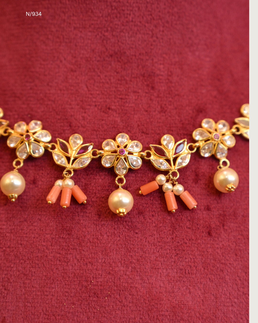 Floral CZ Polki Station Choker Necklace with Natural Red Coral (Pagadam) Clusters & Pearl Drops | SKU: N/934