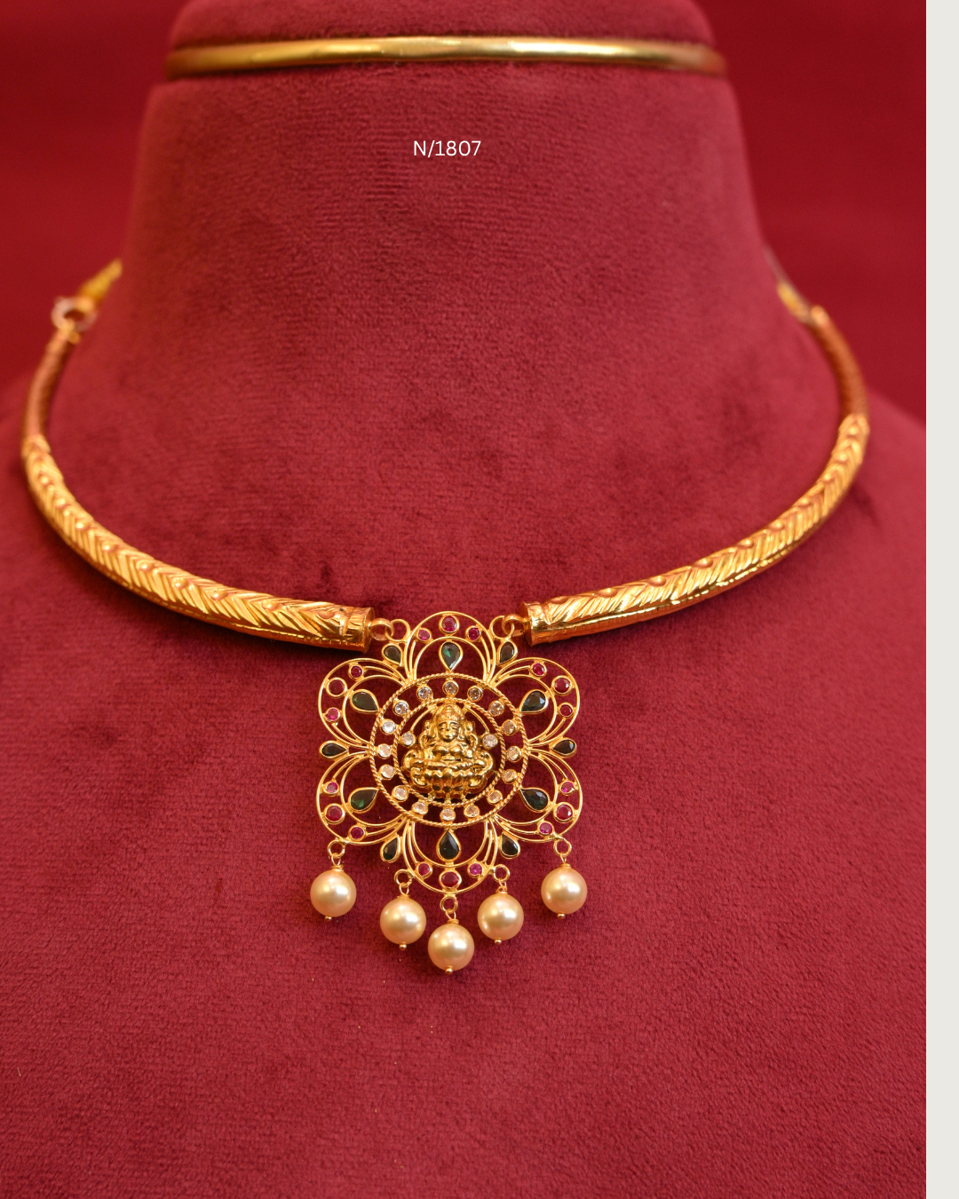Goddess Lakshmi Floral Openwork Pendant Tubular Hasli Necklace with Rubies, Emeralds, CZ & Pearl Drops | SKU: N/1807