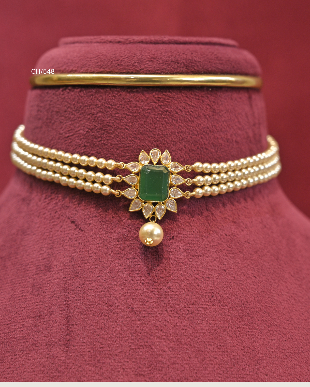 Octagonal Emerald Floral Motif & Pearl Multi-Strand Choker | SKU: CH/548