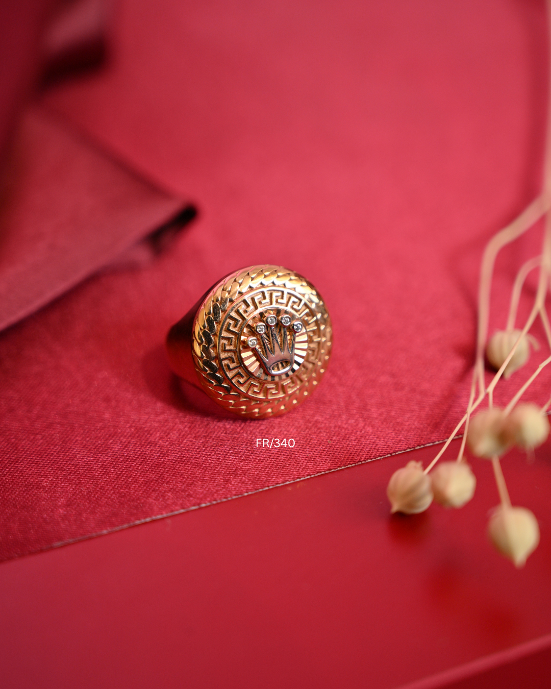 Men's Crown Crest & Greek Key Signet Ring with CZ Accents | SKU: FR/340