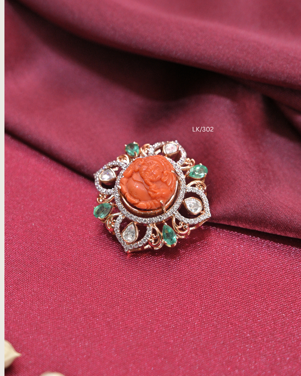 Carved Coral Lord Ganesha CZ & Emerald Mandala Pendant | SKU: LK/302