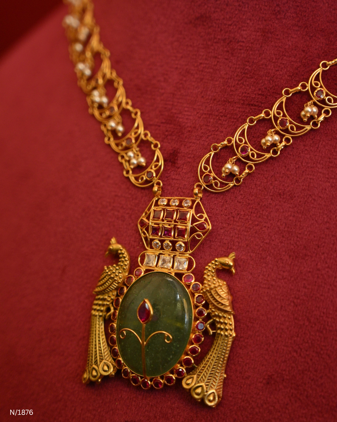 Traditional Twin Peacock Oval Emerald Pendant Temple Necklace with CZ Polki Geometry | SKU: N/1876