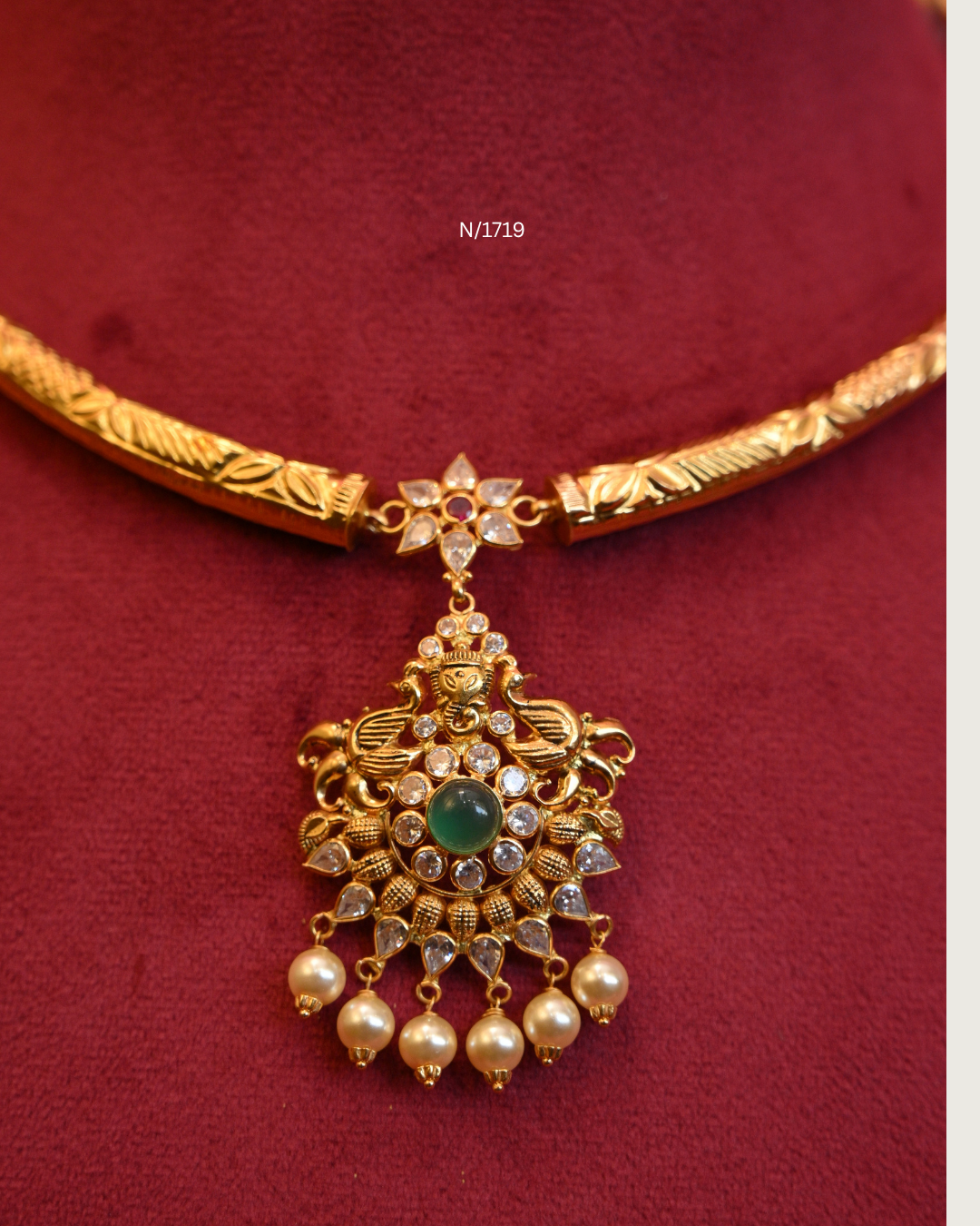 Goddess Lakshmi & Peacock Nakshi Pendant Tubular Hasli Necklace with Emerald Cabochon, CZ & Pearl Drops | SKU: N/1719