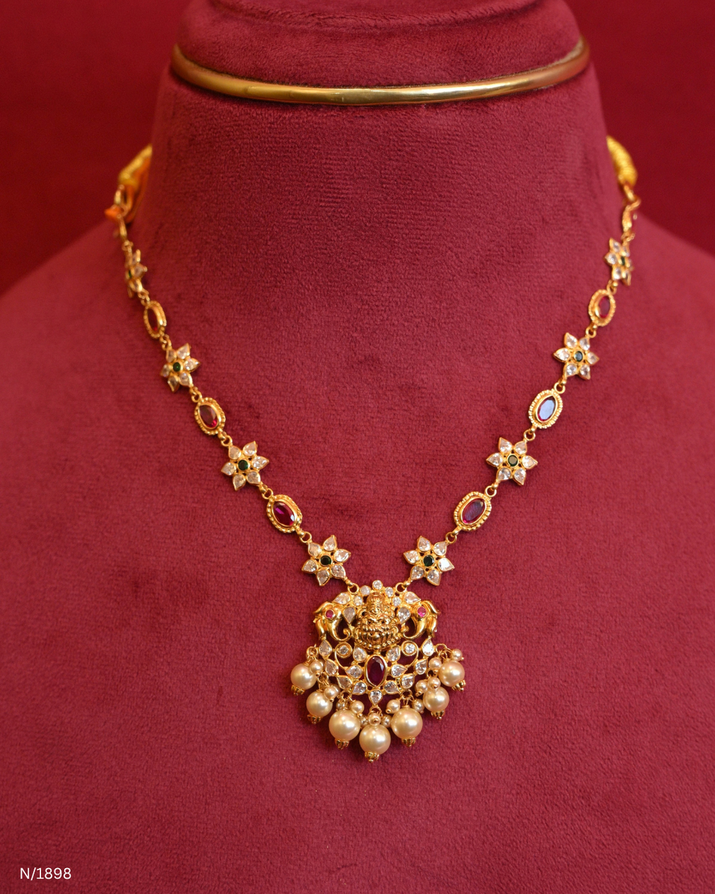 Traditional Peacock Motif Temple Necklace with Emerald, Ruby & Pearl Drops | SKU: N/1898