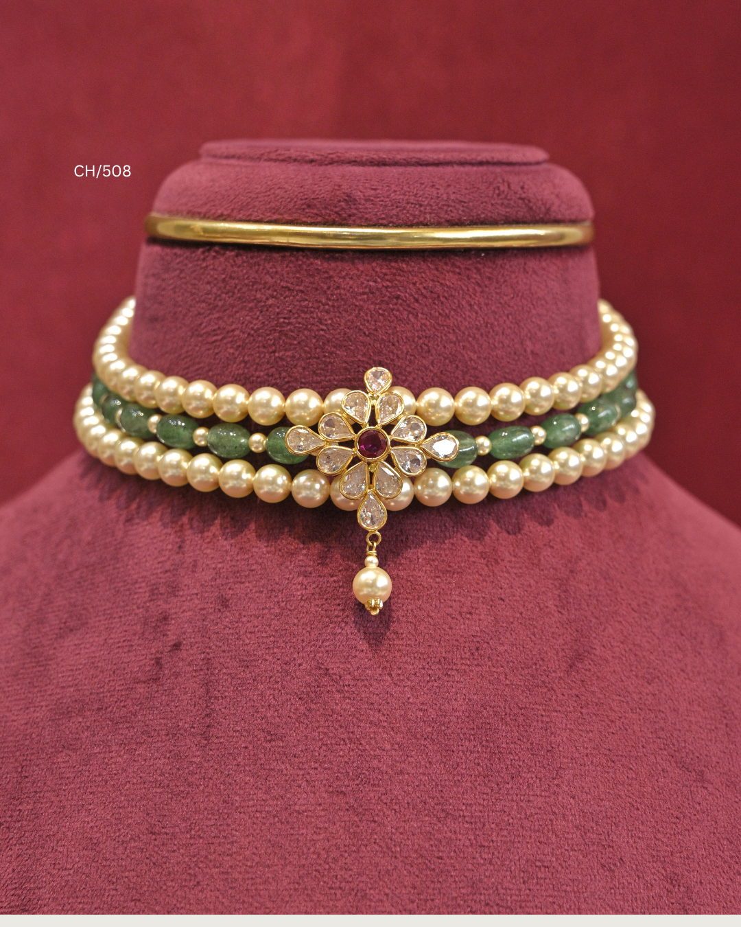 Ruby & CZ Floral Motif Pearl & Emerald Strand Choker |  SKU: CH/508