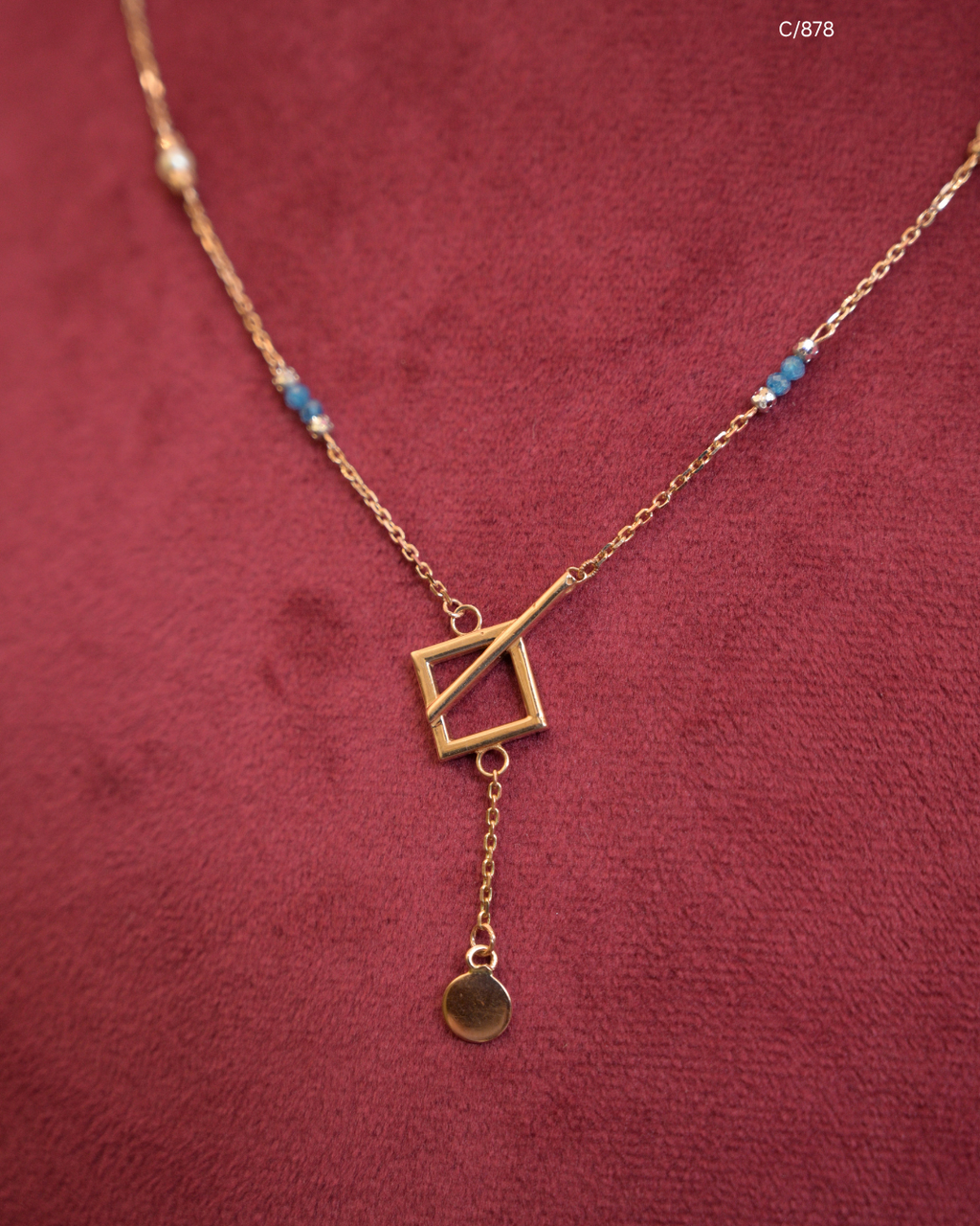 Gold Turquoise & Pearl Beaded Station Y-Necklace with Geometric Square Frame & Disc Drop | SKU: C/878