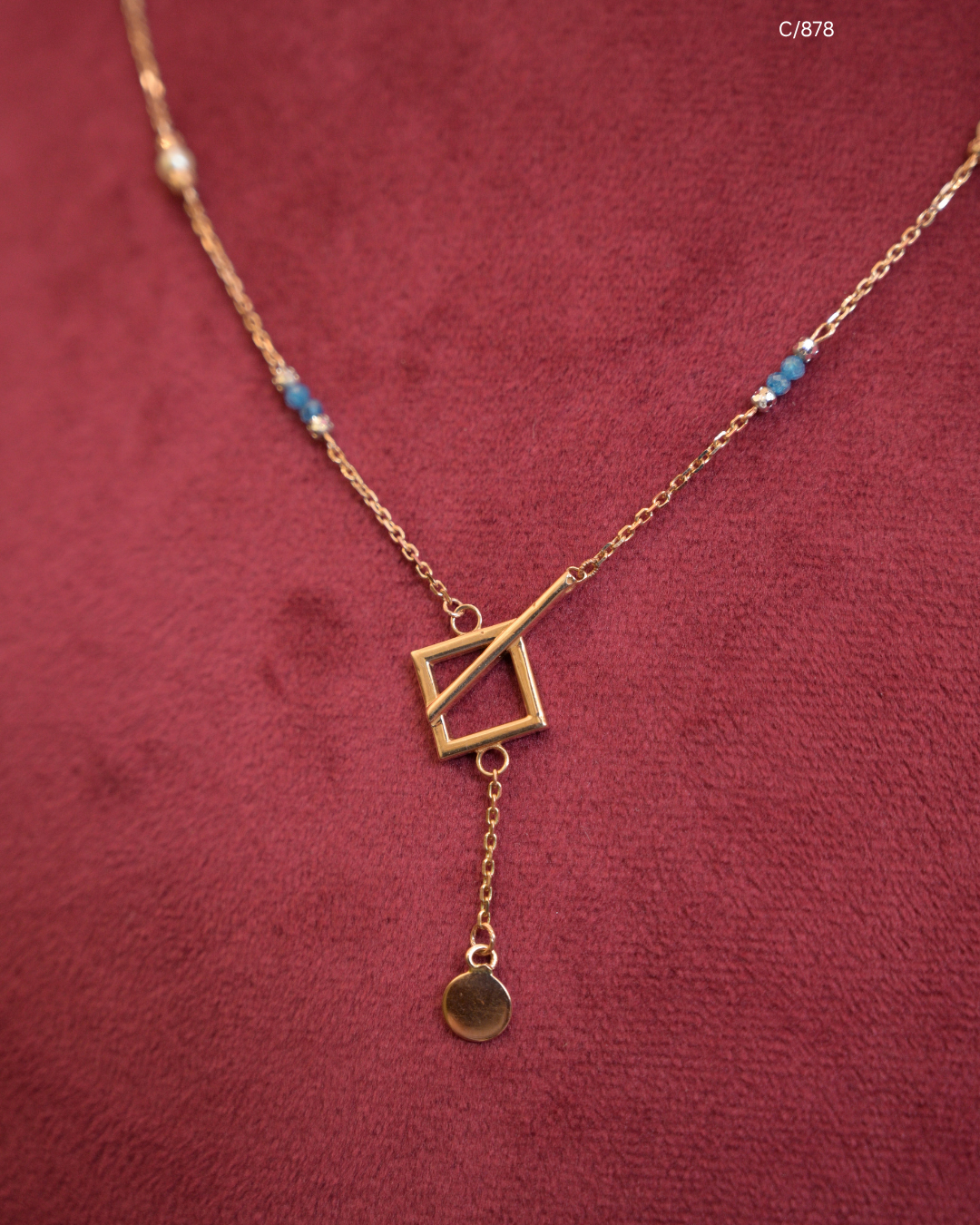 Gold Turquoise & Pearl Beaded Station Y-Necklace with Geometric Square Frame & Disc Drop | SKU: C/878