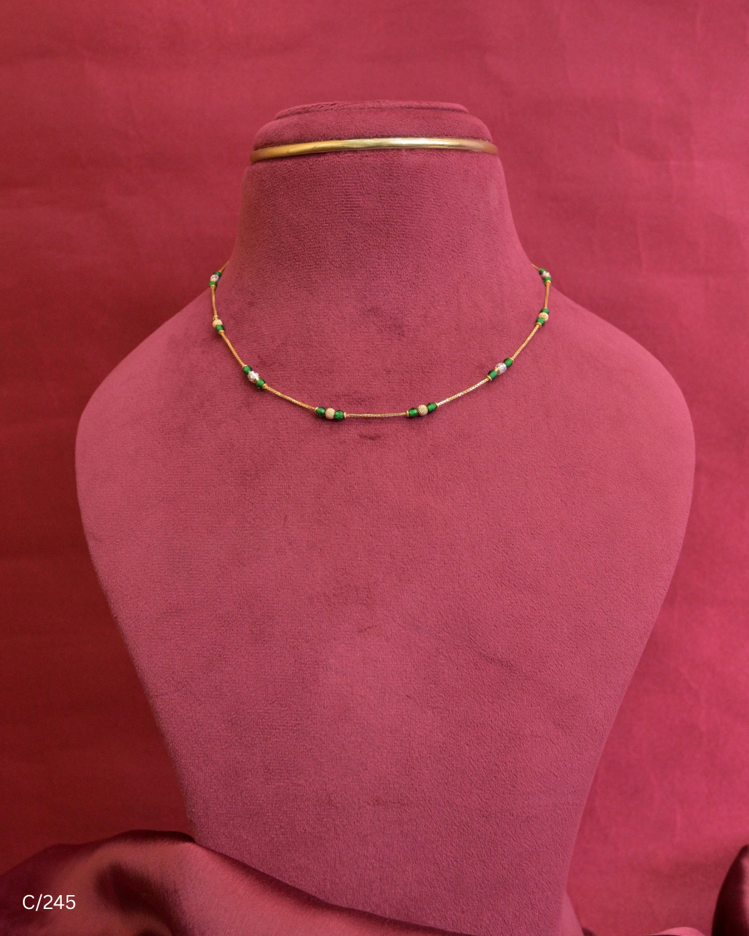 Chain Necklace with Green Gemstone Beads & Gold Spheres |SKU: C/245