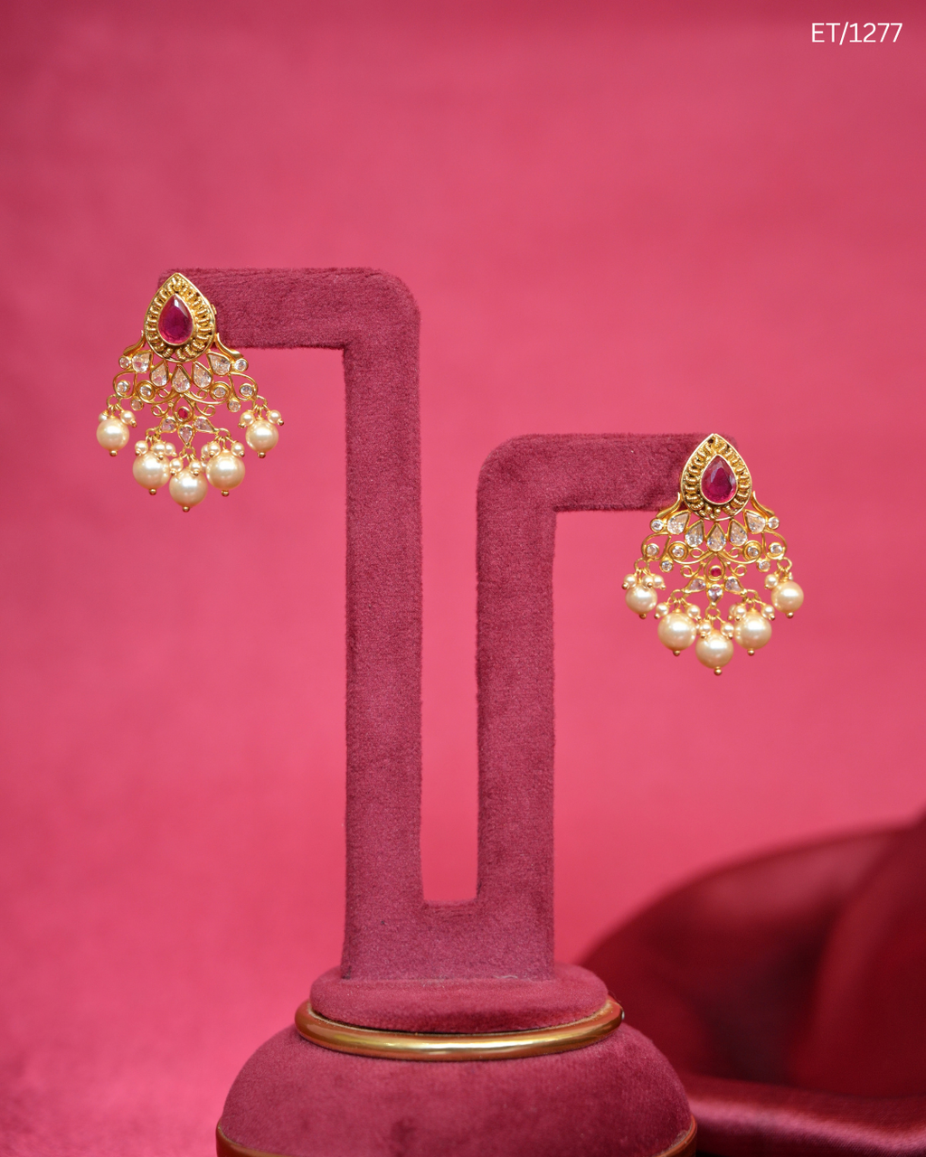 Gold Ruby Polki & Pearl Cluster Drop Earrings | SKU: ET/1277