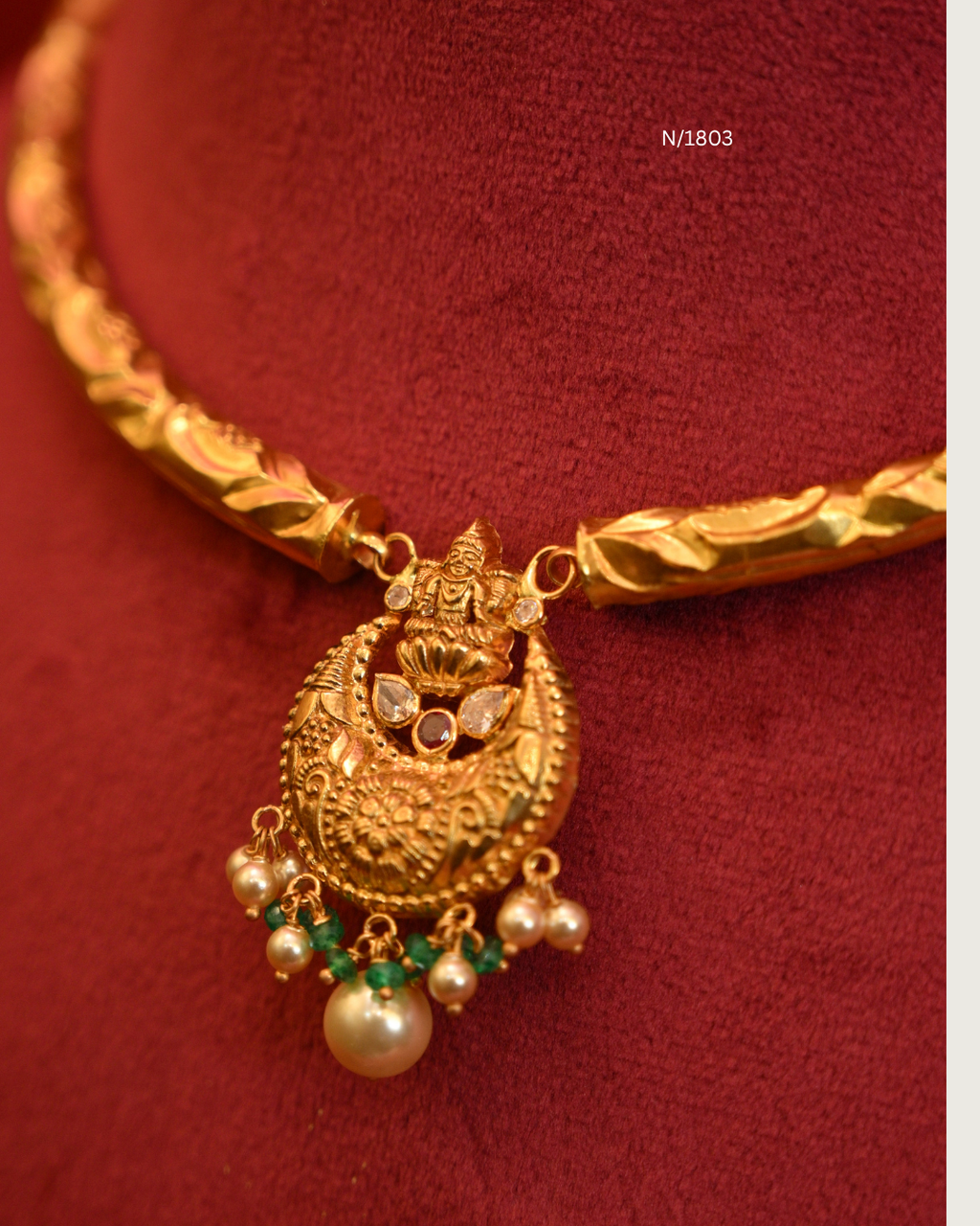 Goddess Lakshmi Crescent Chandbali Pendant Tubular Hasli Necklace with Ruby, CZ, Emerald Beads & Pearls | SKU: N/1803
