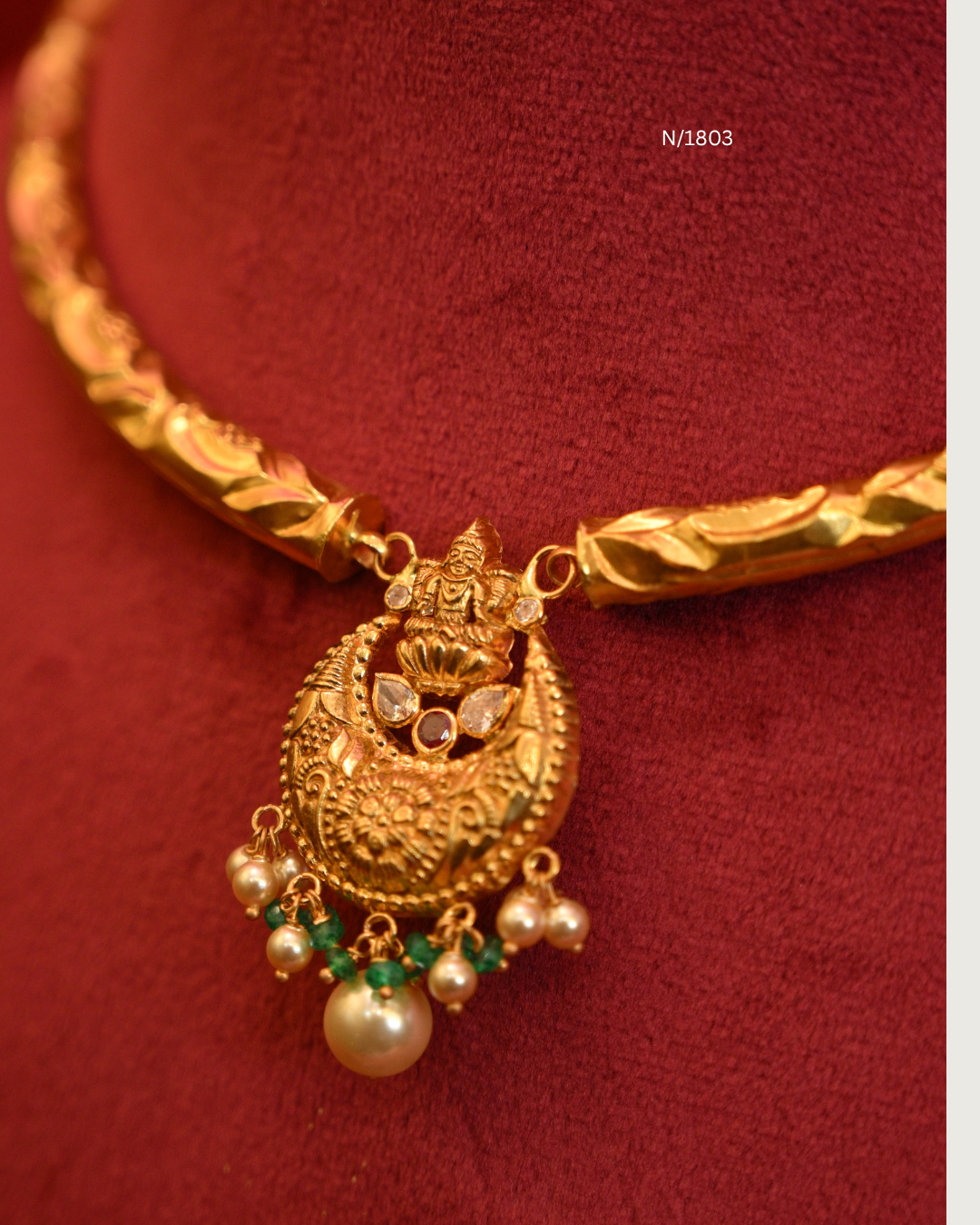 Goddess Lakshmi Crescent Chandbali Pendant Tubular Hasli Necklace with Ruby, CZ, Emerald Beads & Pearls | SKU: N/1803