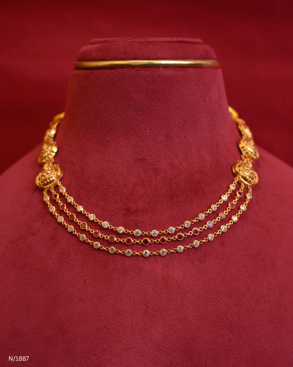 Multi-Strand Layered CZ Station Necklace with Temple Side Motifs | SKU: N/1887