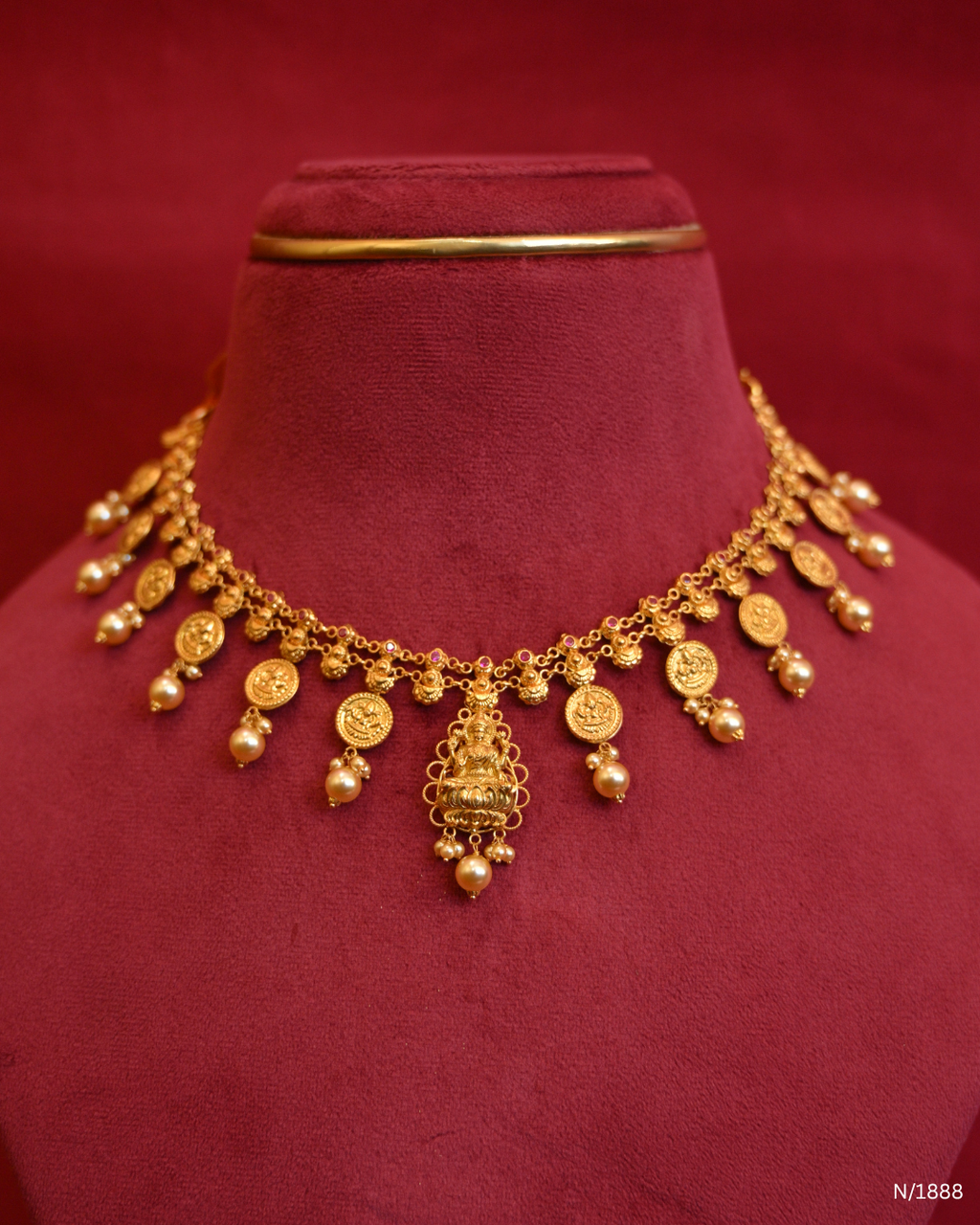 Traditional Lakshmi Kasumala Temple Necklace with Central Filigree Medallion & Pearl Drops | SKU: N/1888