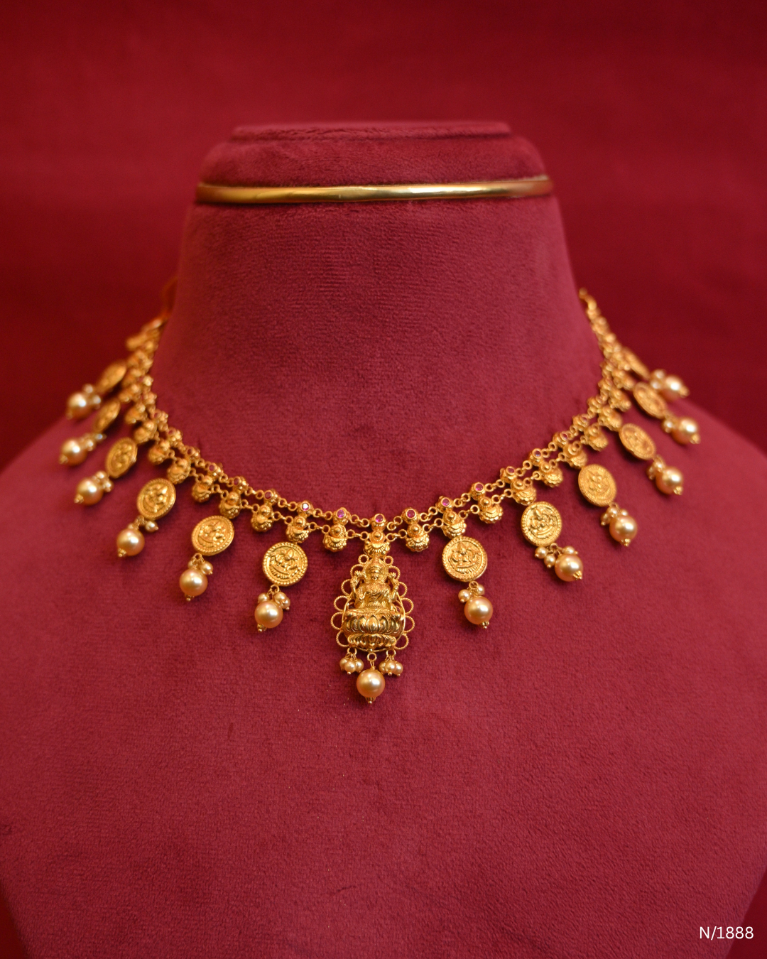 Traditional Lakshmi Kasumala Temple Necklace with Central Filigree Medallion & Pearl Drops | SKU: N/1888