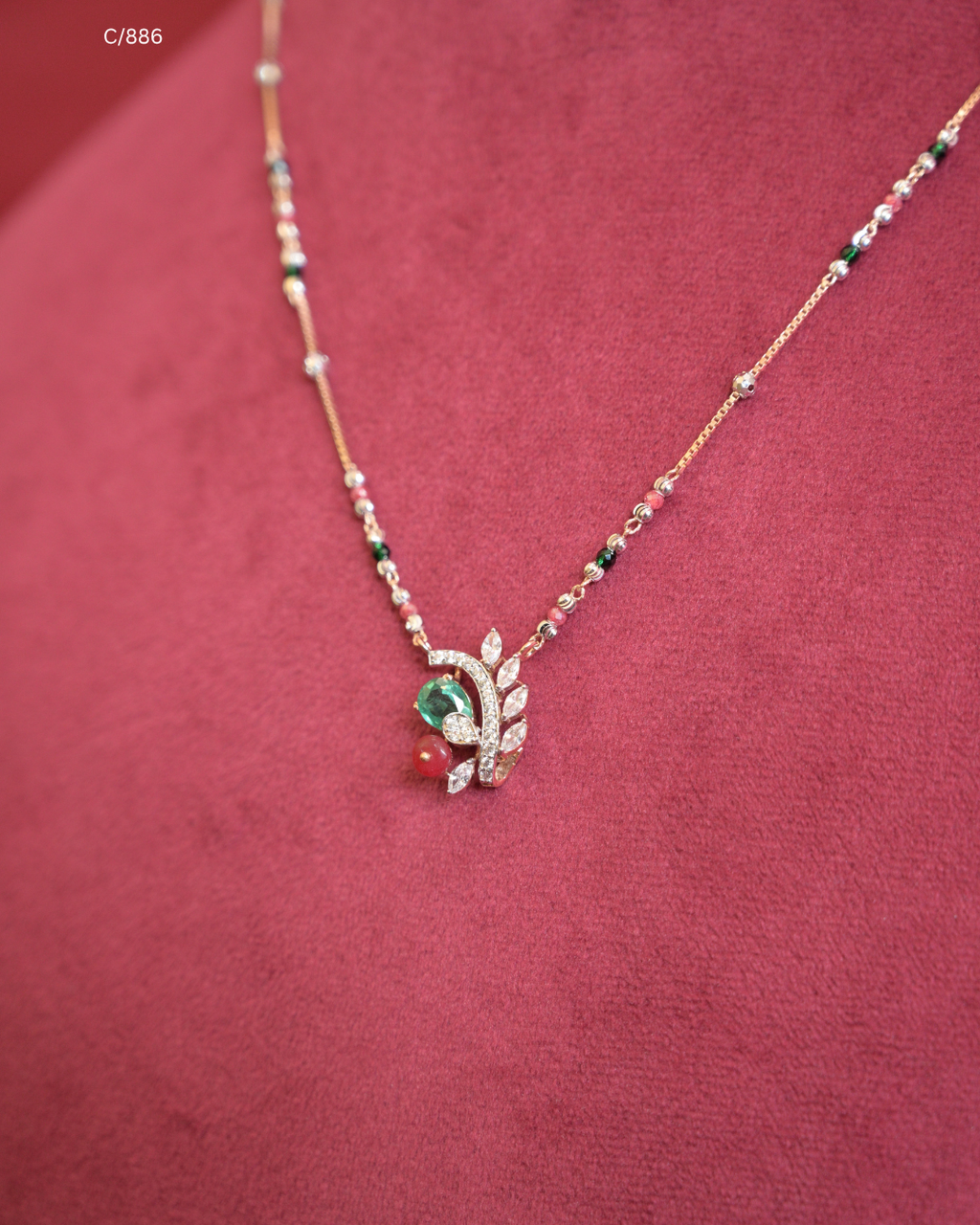 Beaded Station Necklace with Emerald Accent, Red Drop & CZ Leaf Branch Pendant | SKU: C/886