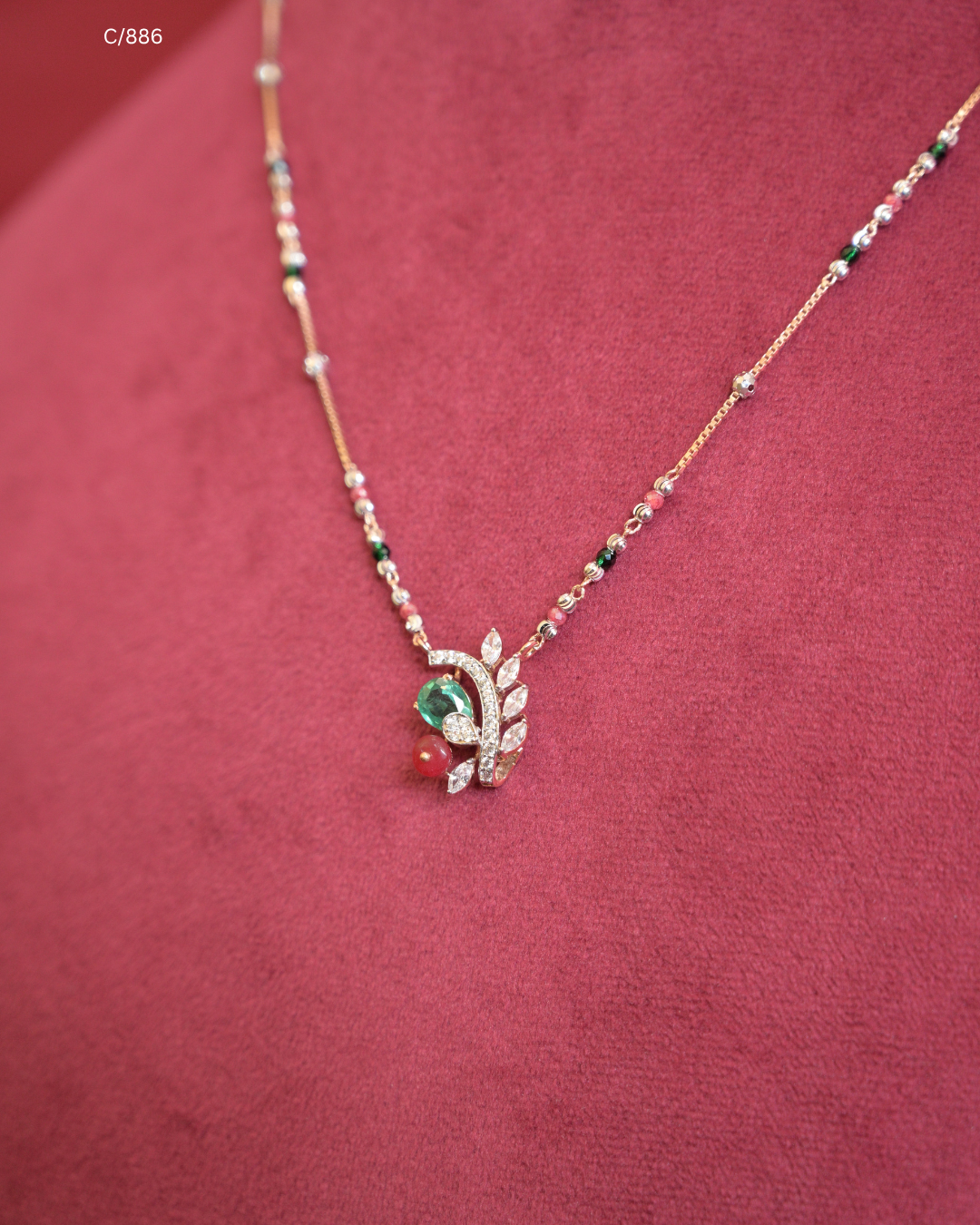 Beaded Station Necklace with Emerald Accent, Red Drop & CZ Leaf Branch Pendant | SKU: C/886