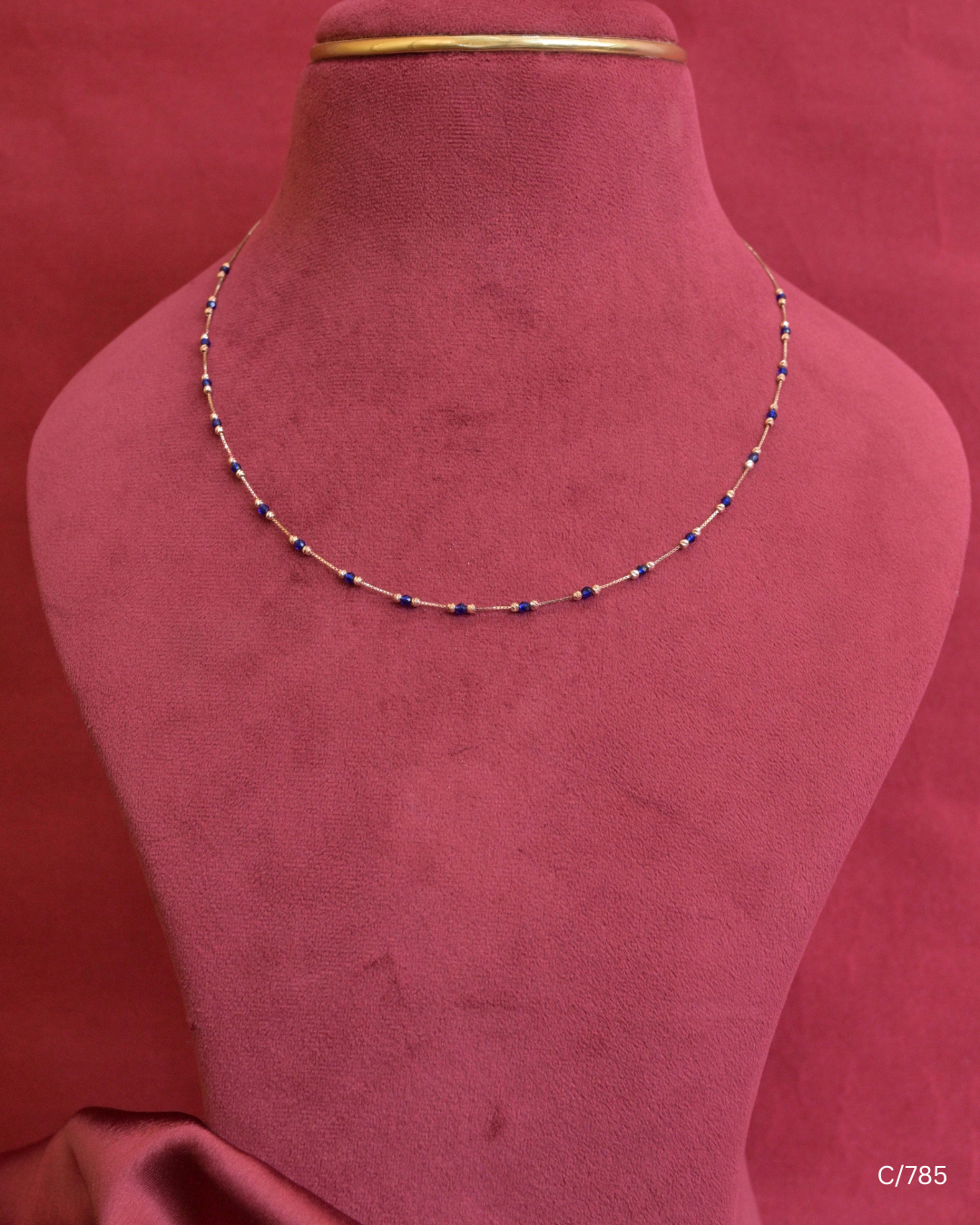 Delicate Station Chain Necklace with Blue Gemstone Beads & Gold Spheres | SKU: C/785