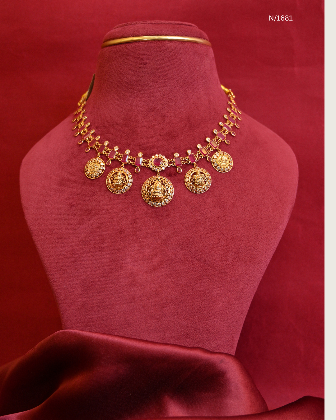 Goddess Lakshmi Circular Medallion Kasu Mala Necklace with Rectangular Rubies & CZ Polki Halos | SKU: N/1681
